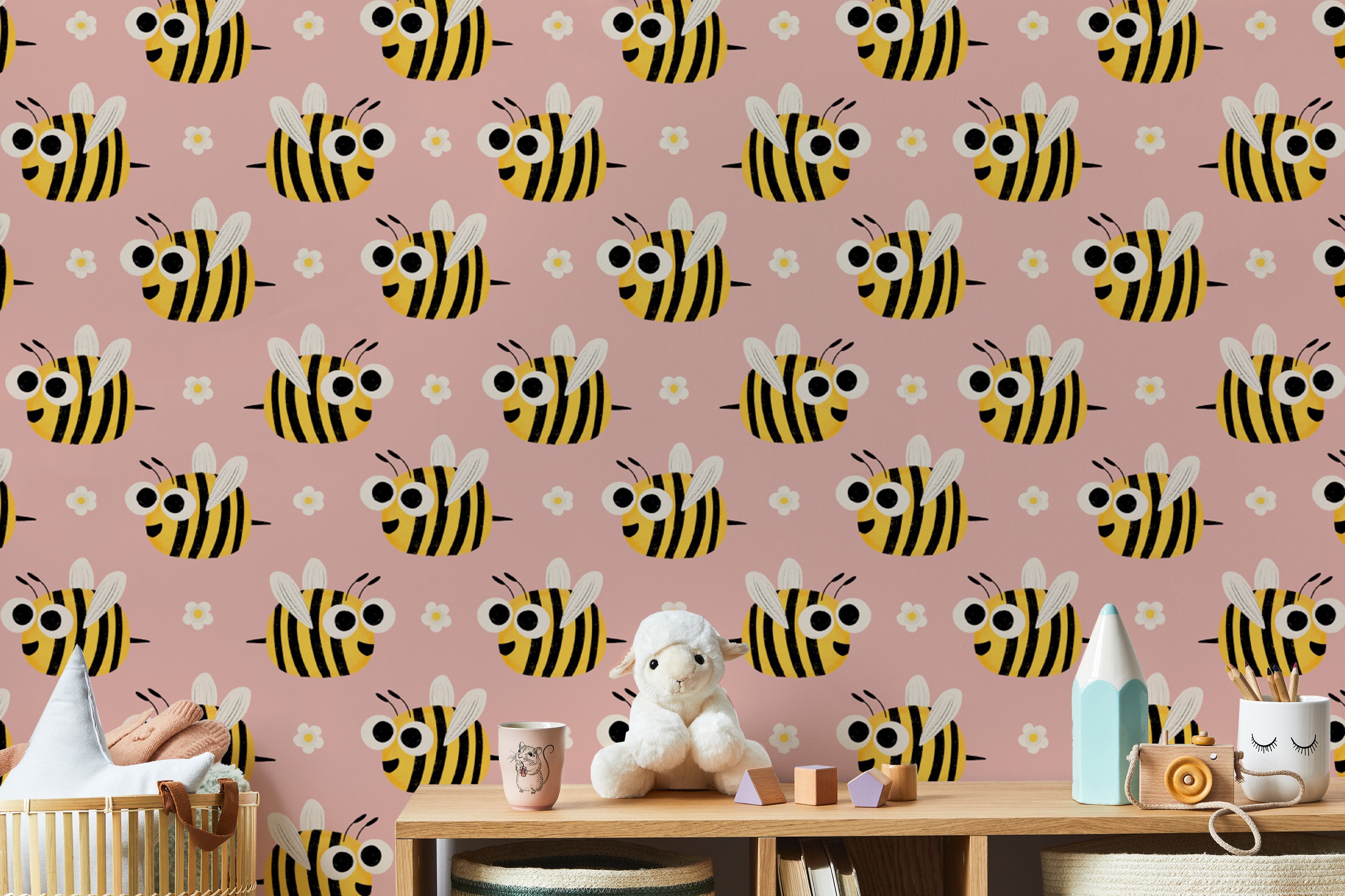 Whimsical pink bee wall murals for homes
