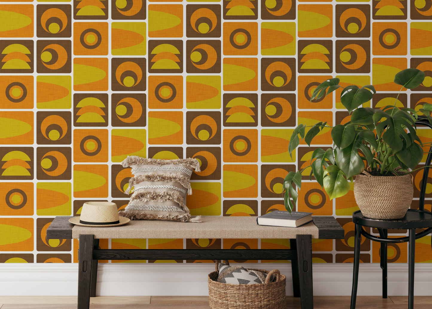 Stylish 70s Cube Geo Brown Wallpaper for rooms