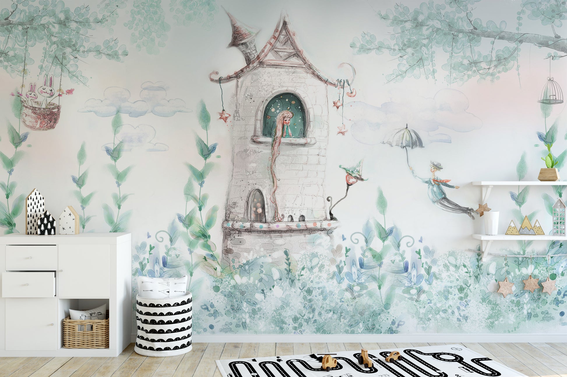 Vibrant fairytale princess wallpaper mural for playful spaces.