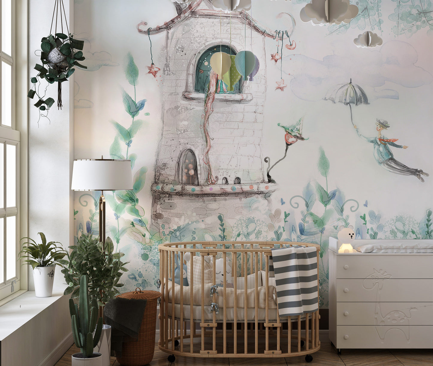 Elegant princess castle mural wallpaper for girls' rooms.