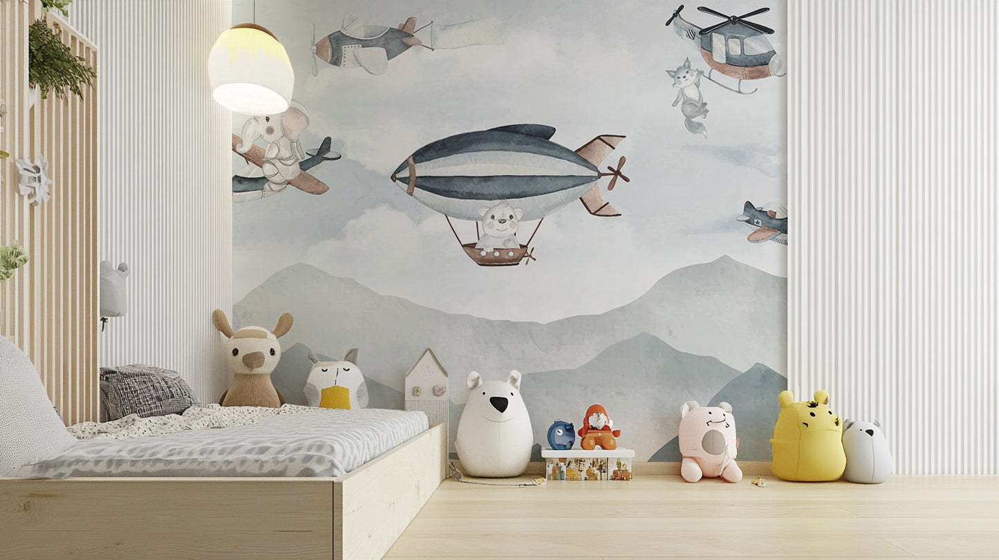 Whimsical Airborne Adventure Mural reusable wallpaper