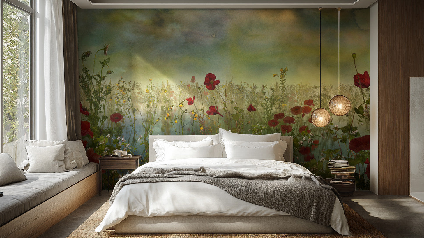 Create a nature-inspired space with poppy flower watercolor green murals.