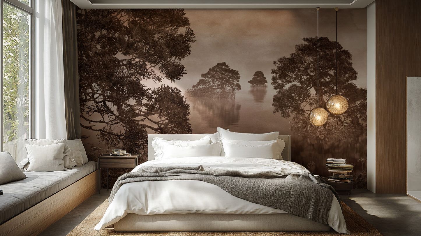 Watercolor Lake Monochrome Ink Sepia Wallpaper Murals