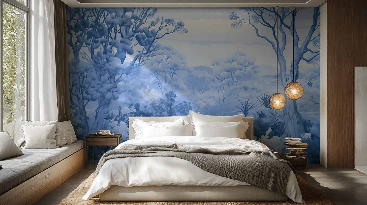 Autumn forest blue color wallpaper mural for a calming, fall-inspired room.