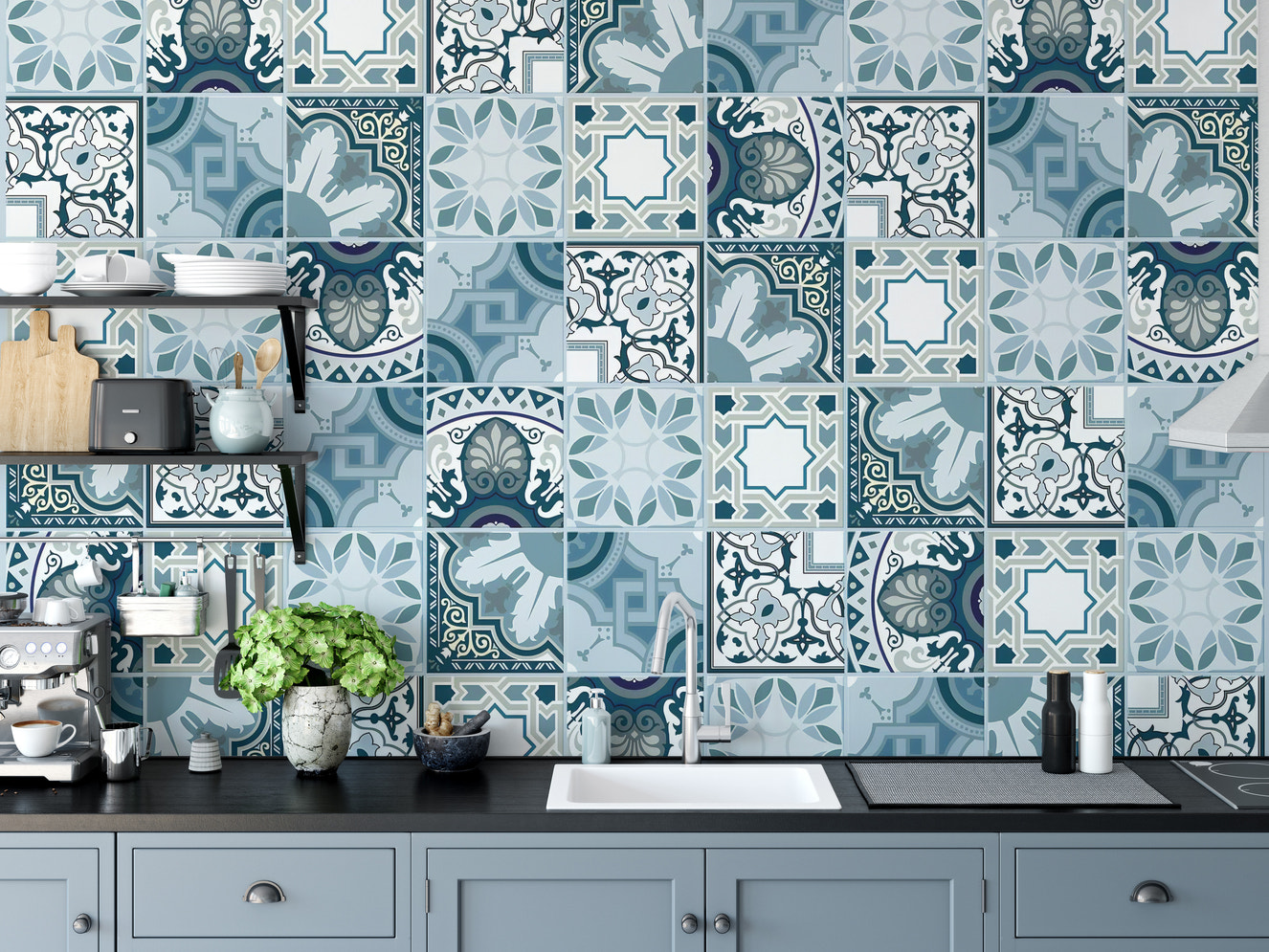 Blue Tile and Mosaic Pattern Mural
