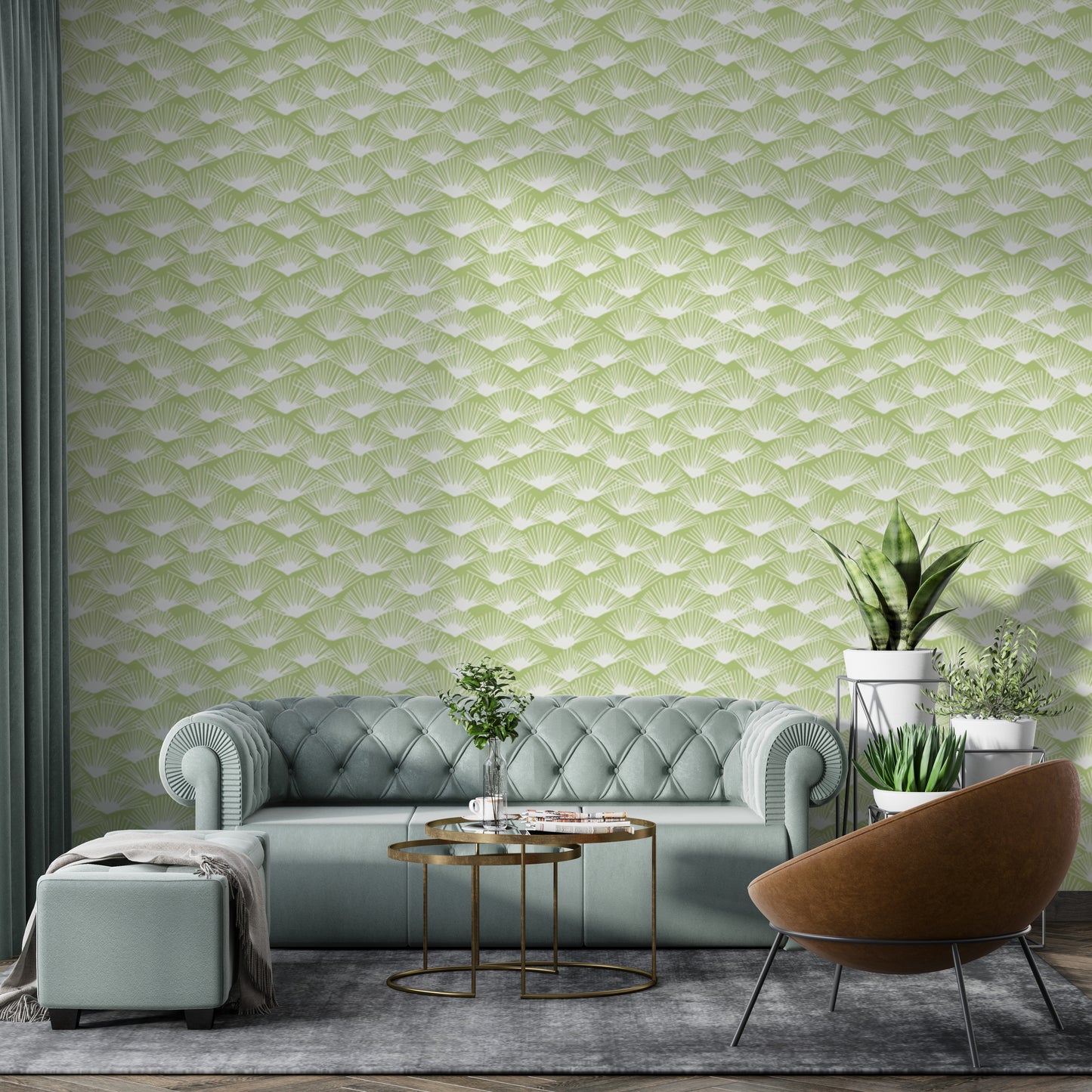 Tropical Fanfare Sage wallpaper with elegant green fan motifs.
