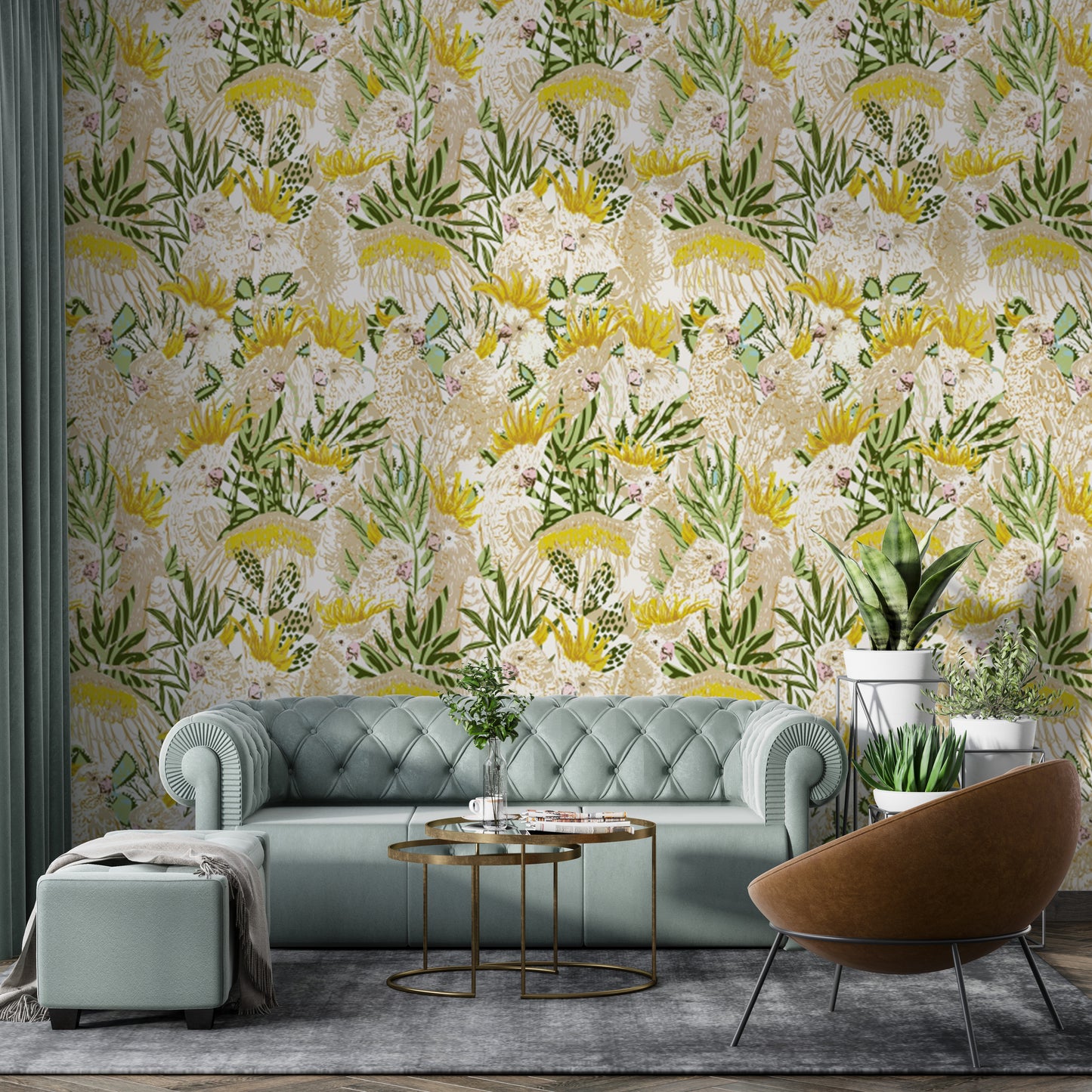 Stunning Exotic Aviary wallpaper mural with cockatoo designs.
