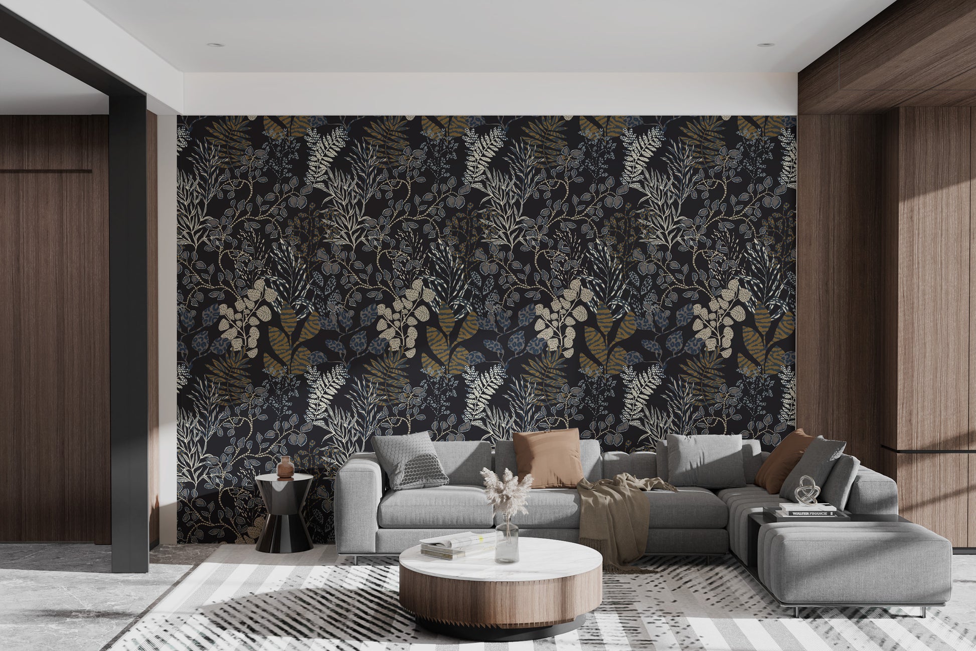 Artistic Botanical Gold Leaf on Midnight Blue Mural
