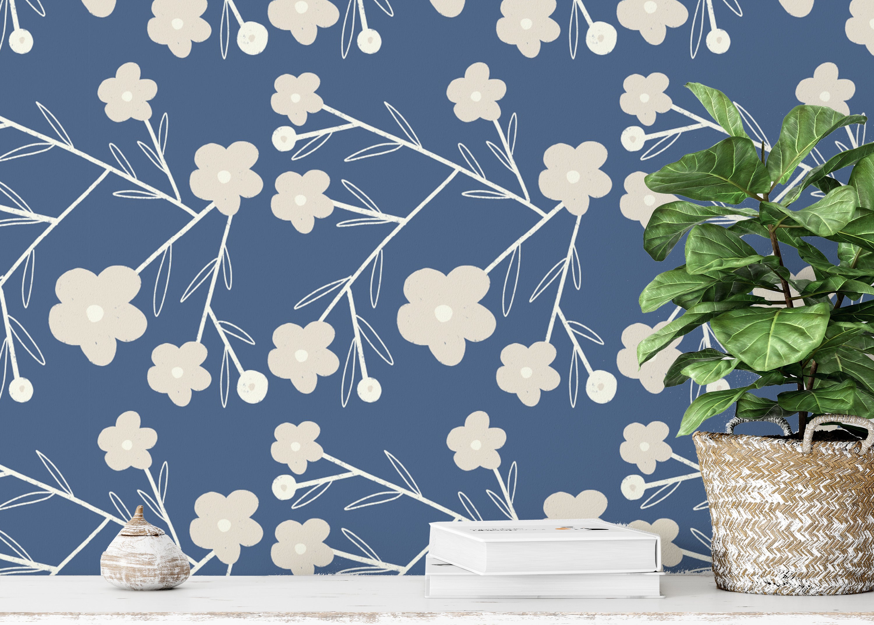 Bold Navy Blue Modern Flower Buds Bush Wallpaper
