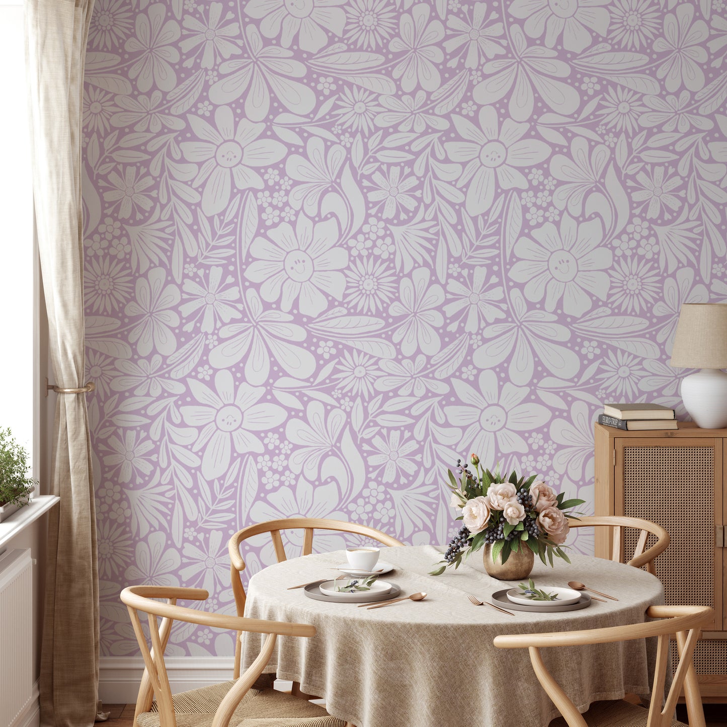 Happy blooms lilac wallpaper for fresh and uplifting wall decor.
