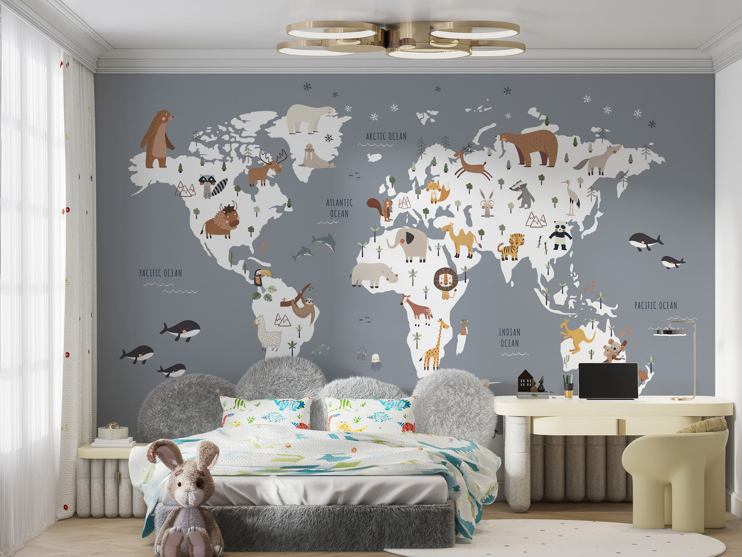 Fun animal world map wallpaper for nurseries
