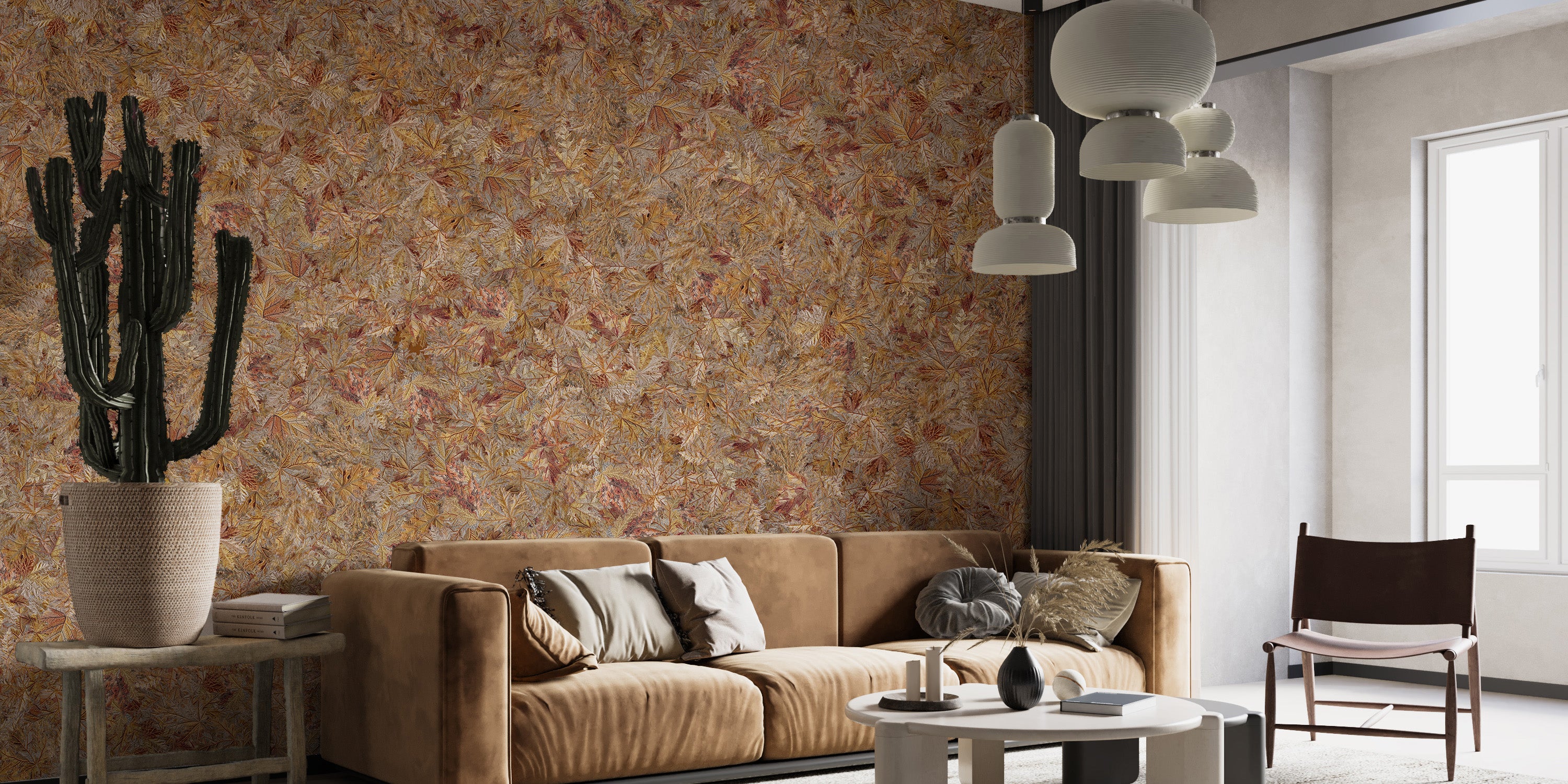 Subtle autumn taupe leaf wallpaper idea
