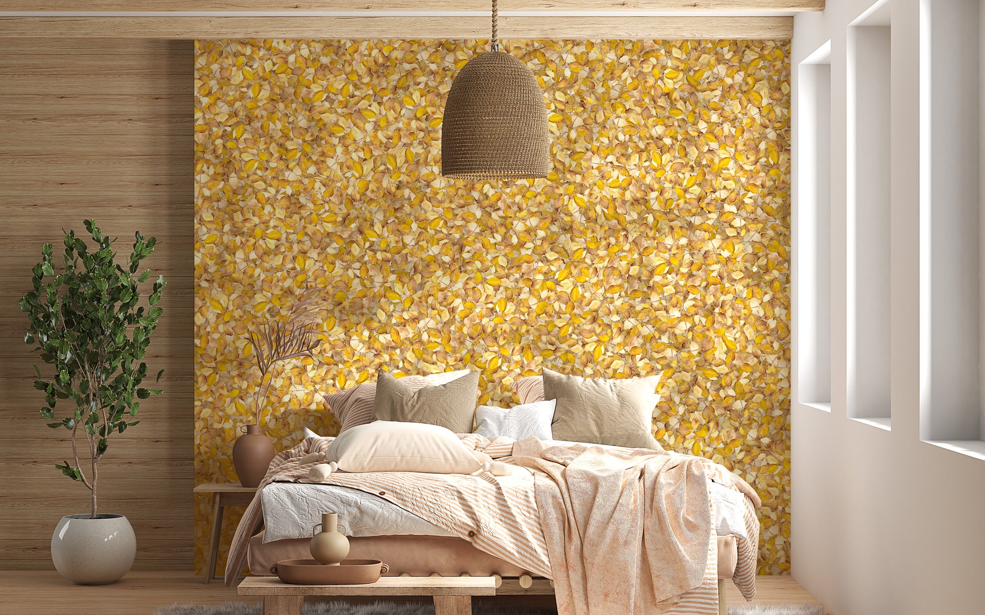 Sophisticated yellow watercolor leaves mural
