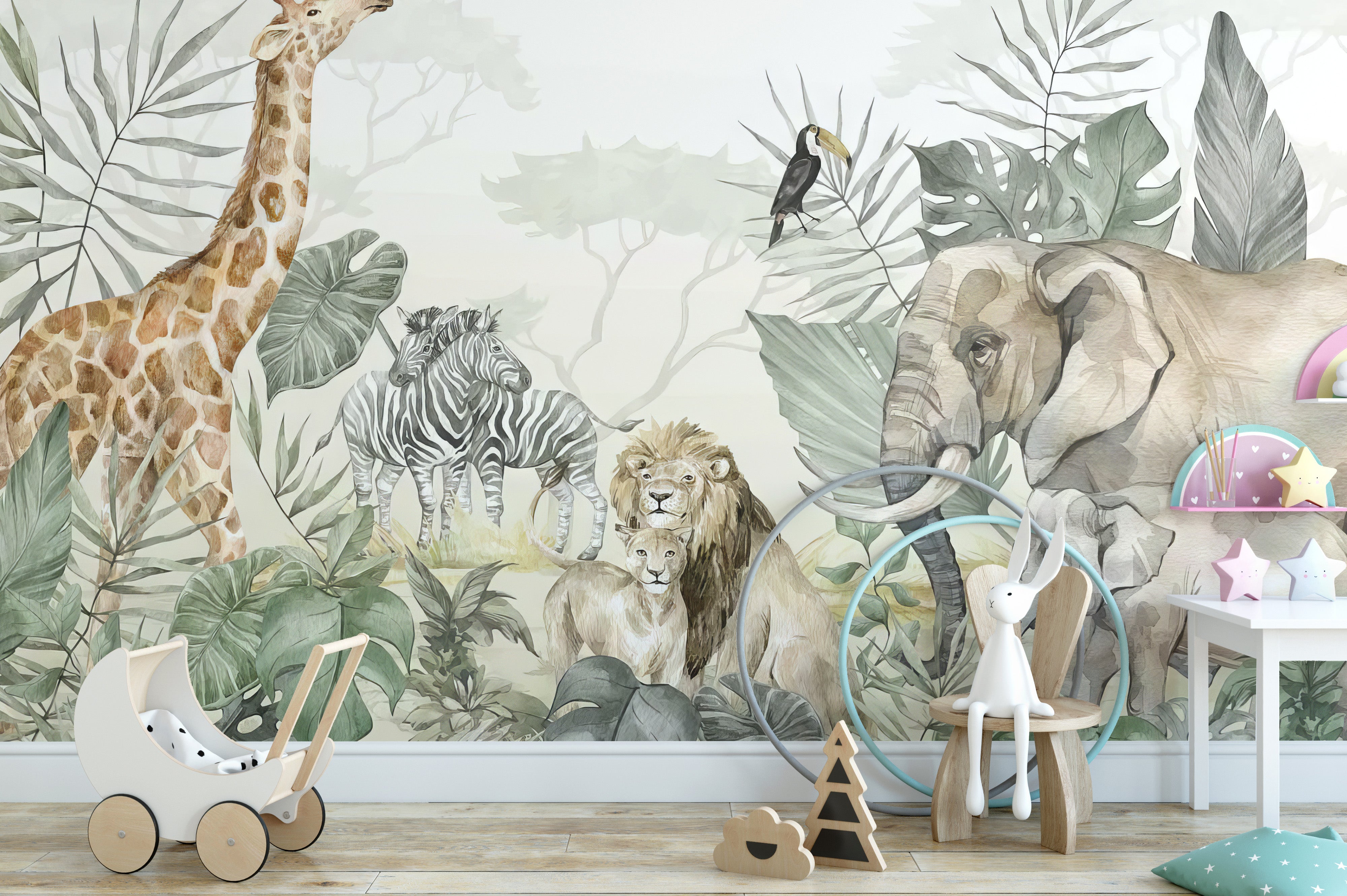 Safari-themed jungle mural bringing nature to your walls.
