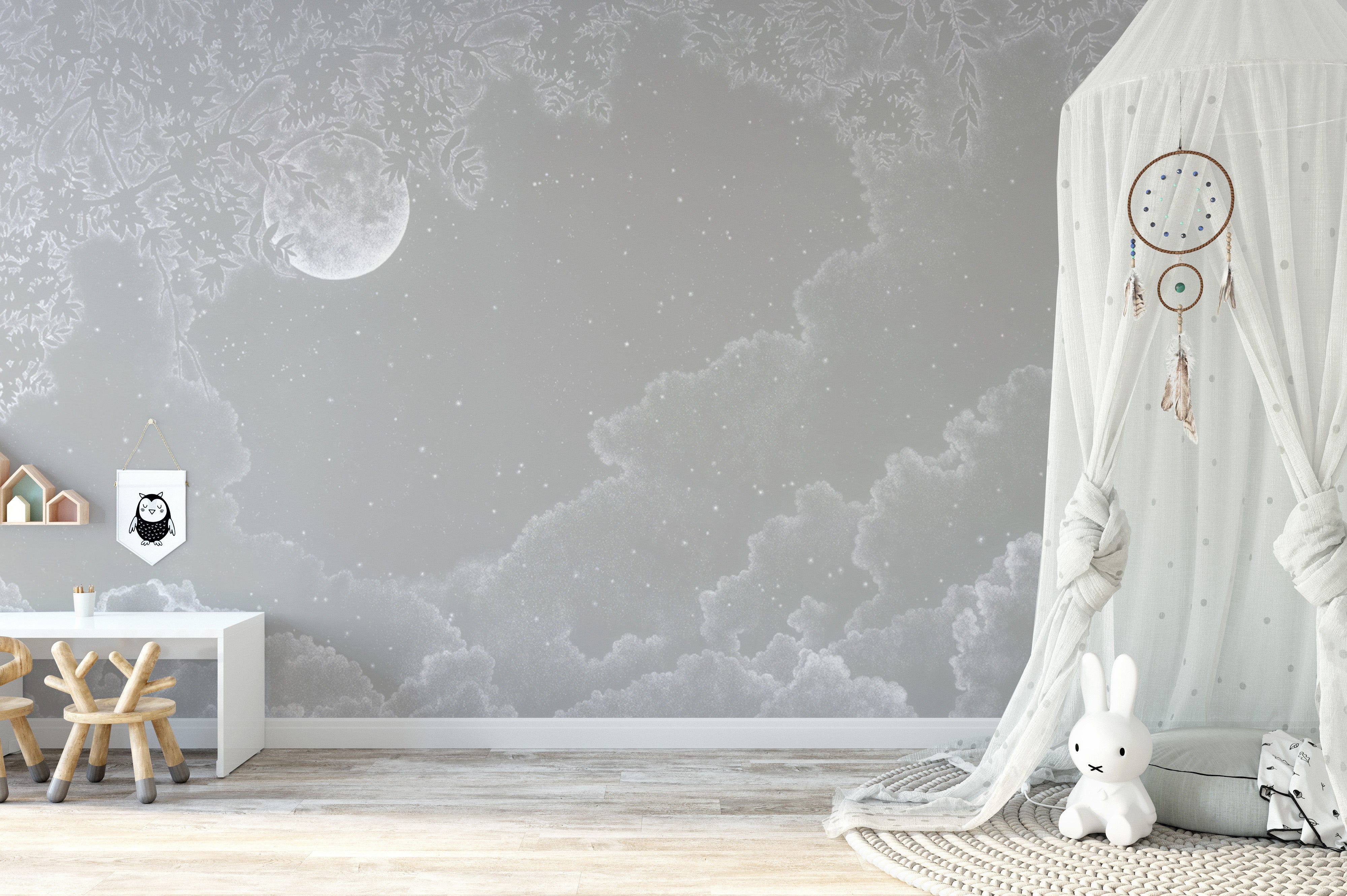 Celestial moonlit night sky mural with glowing clouds