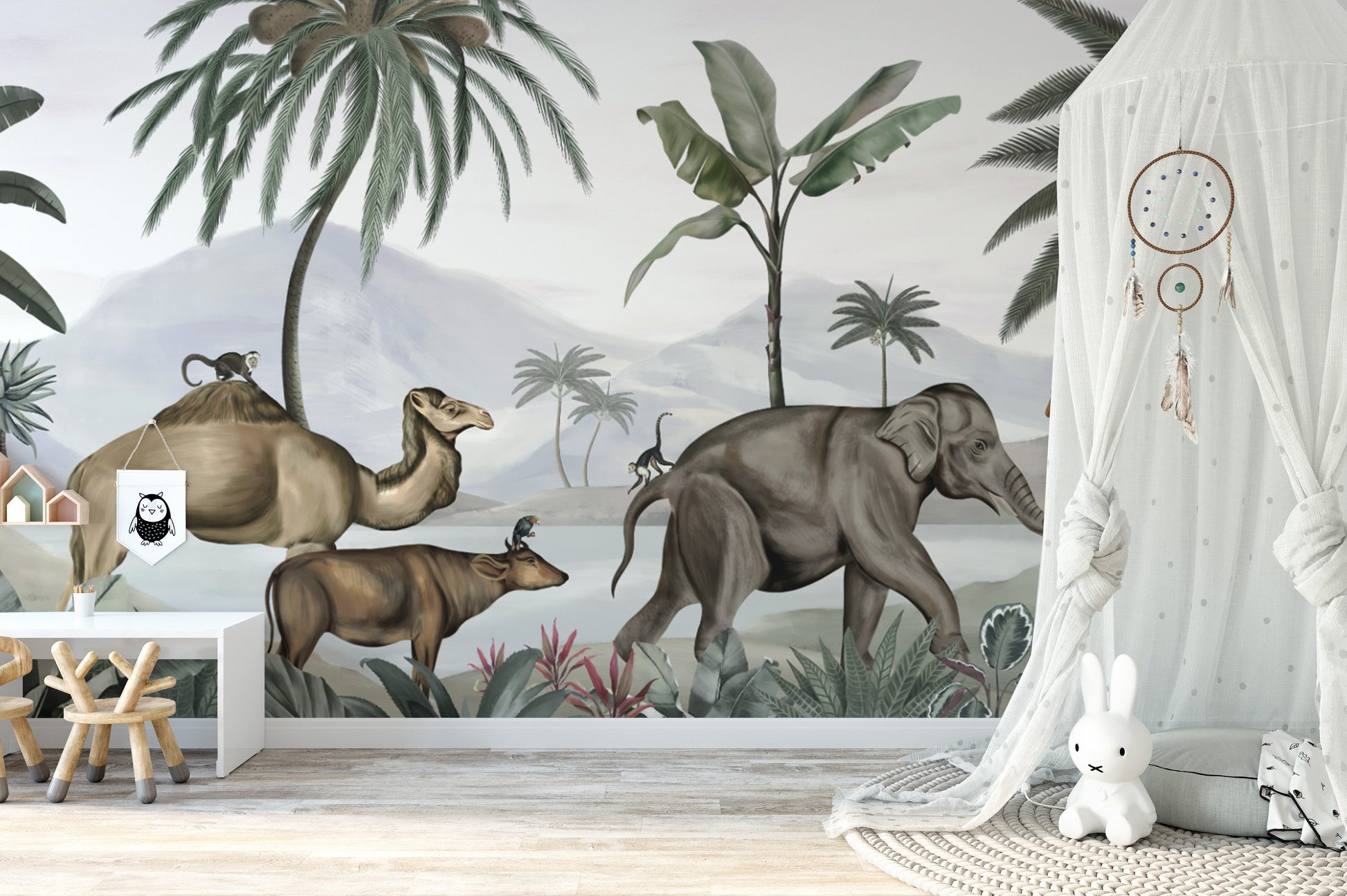 Elephant and camel jungle safari wallpaper mural design.
