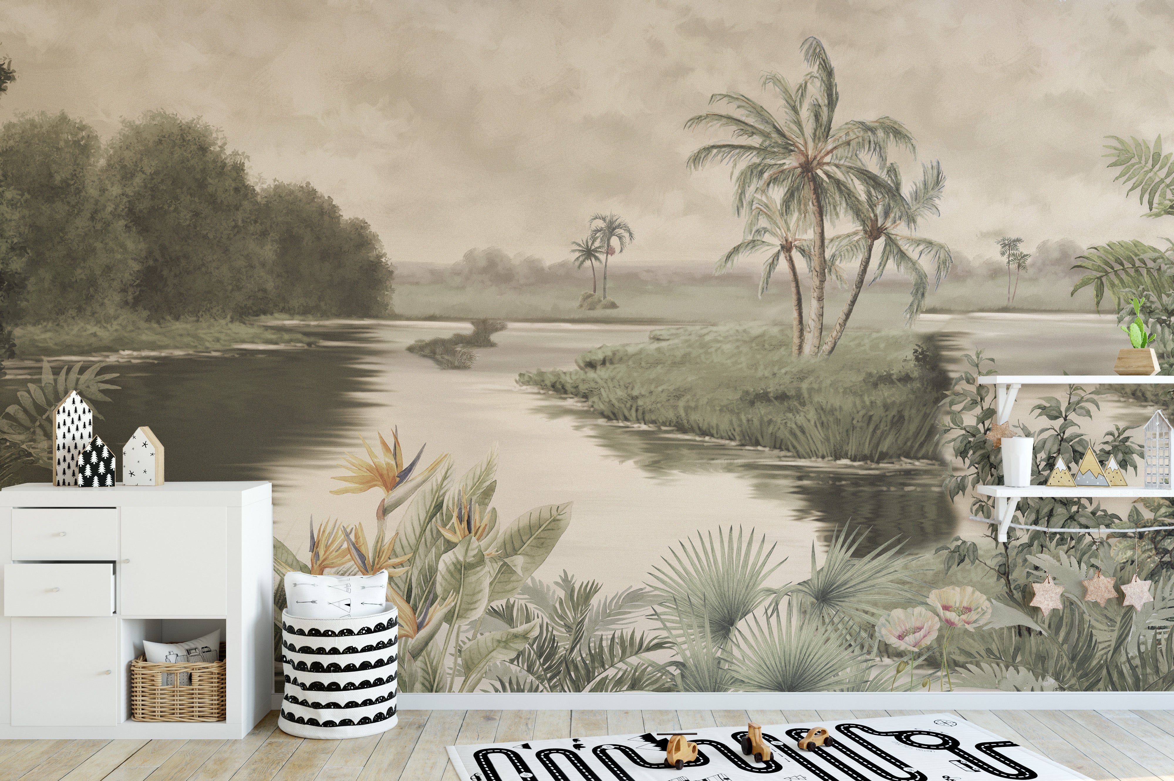 Tranquil lake wallpaper mural with natural mountainous art