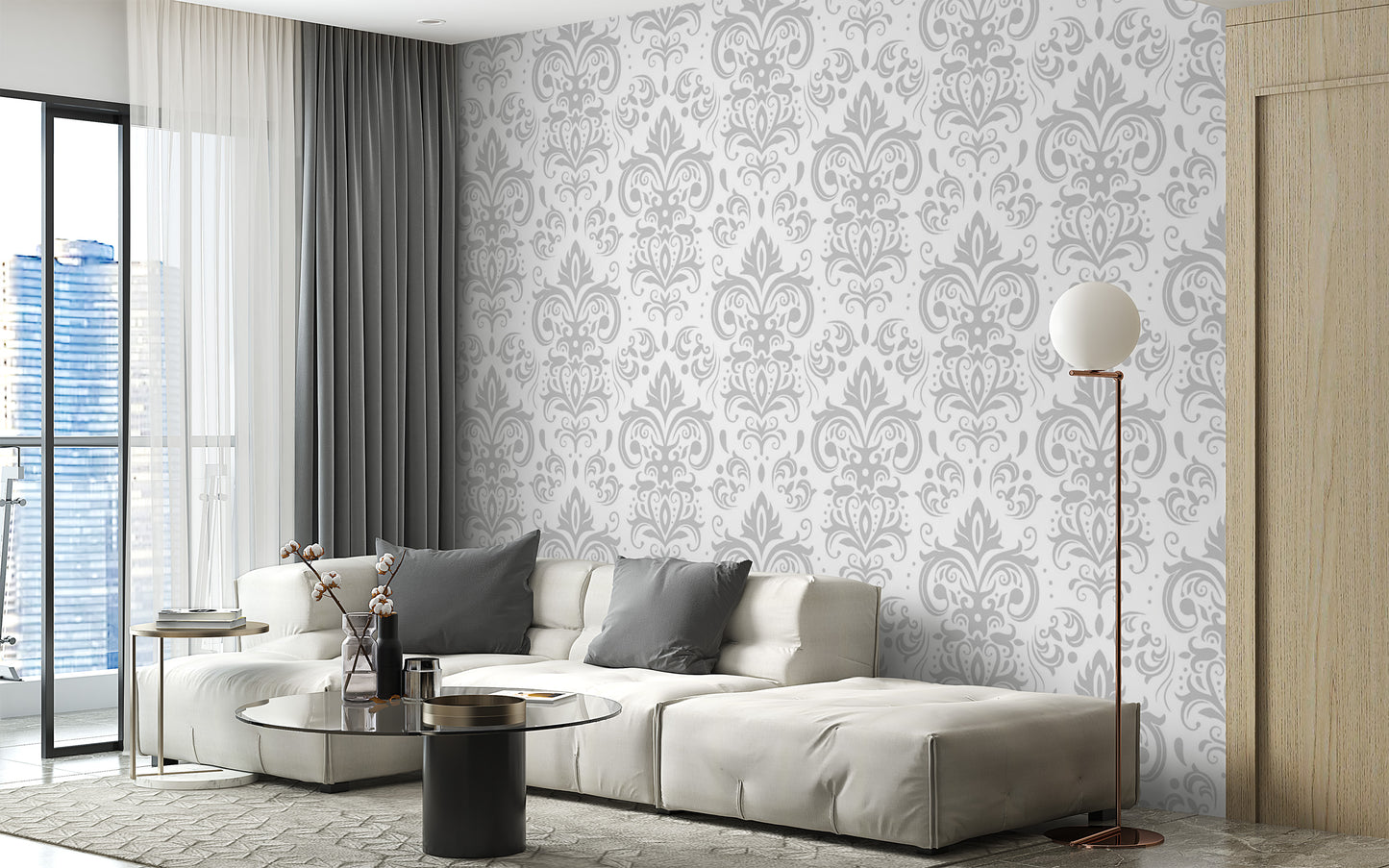 Self-Adhesive Silver Damask Wallpaper Design