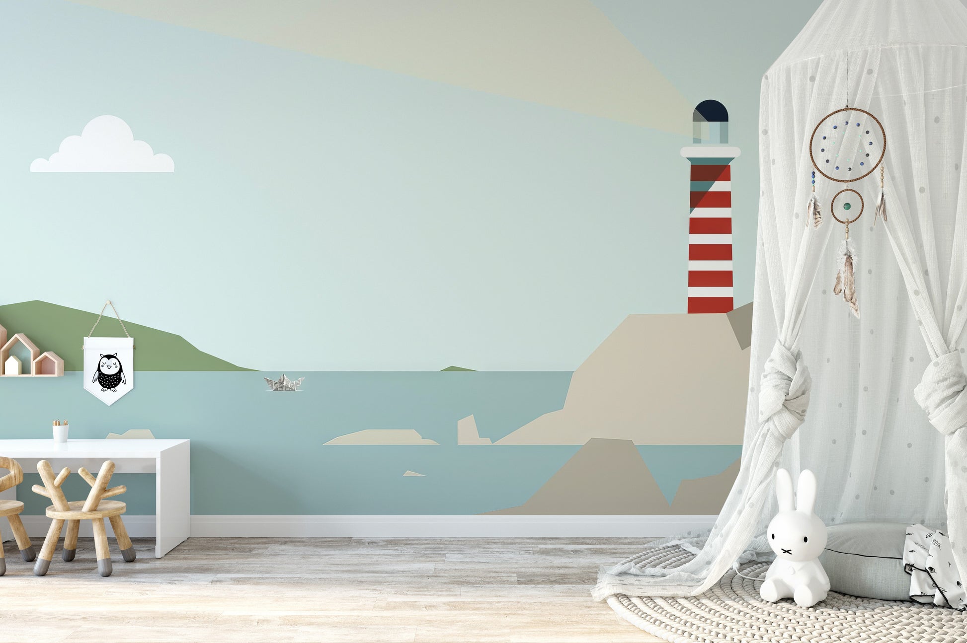 Seaside landscape wallpaper with lighthouse design
