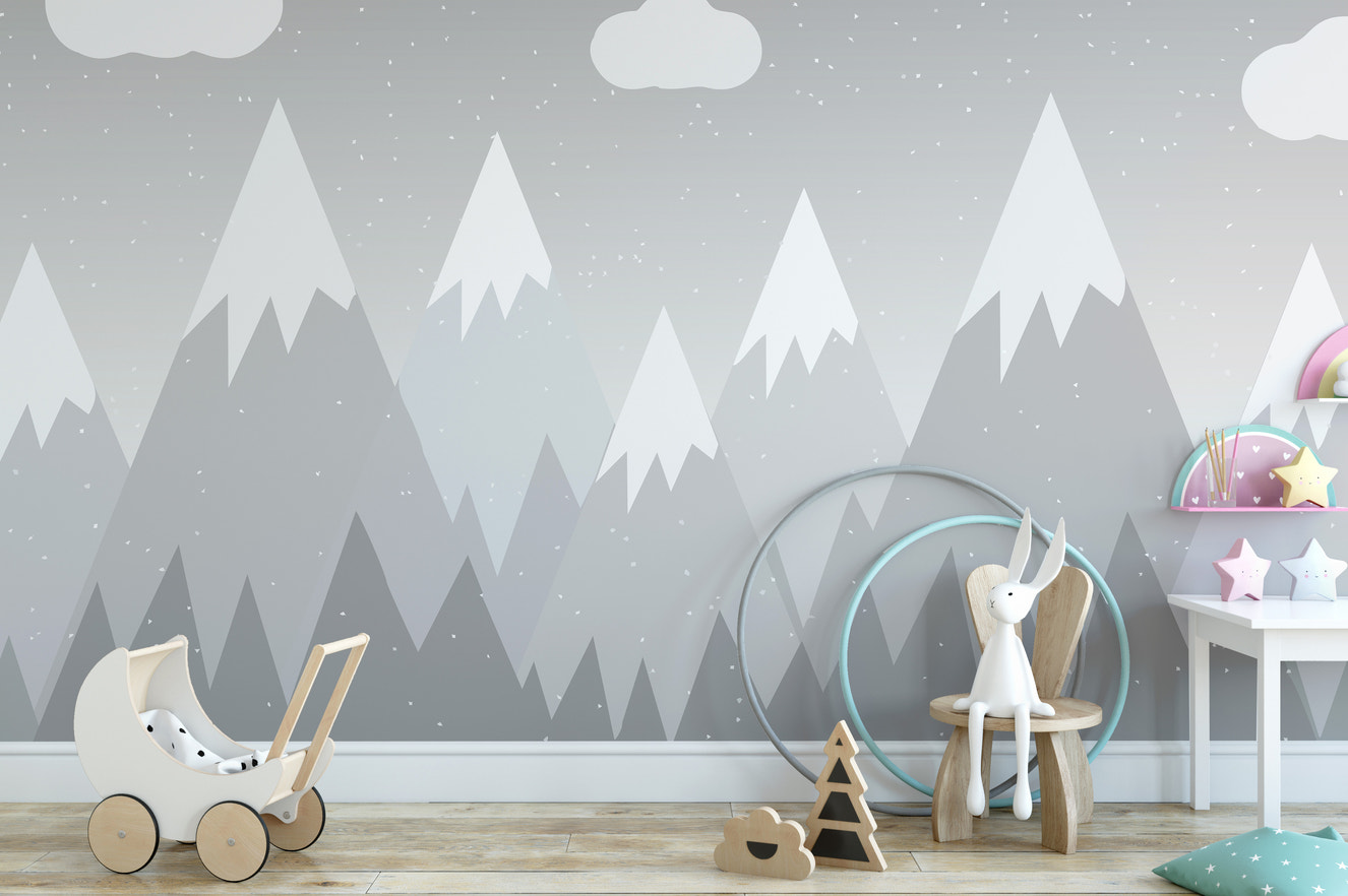 Charming grey mountain wallpaper mural for kids' rooms.
