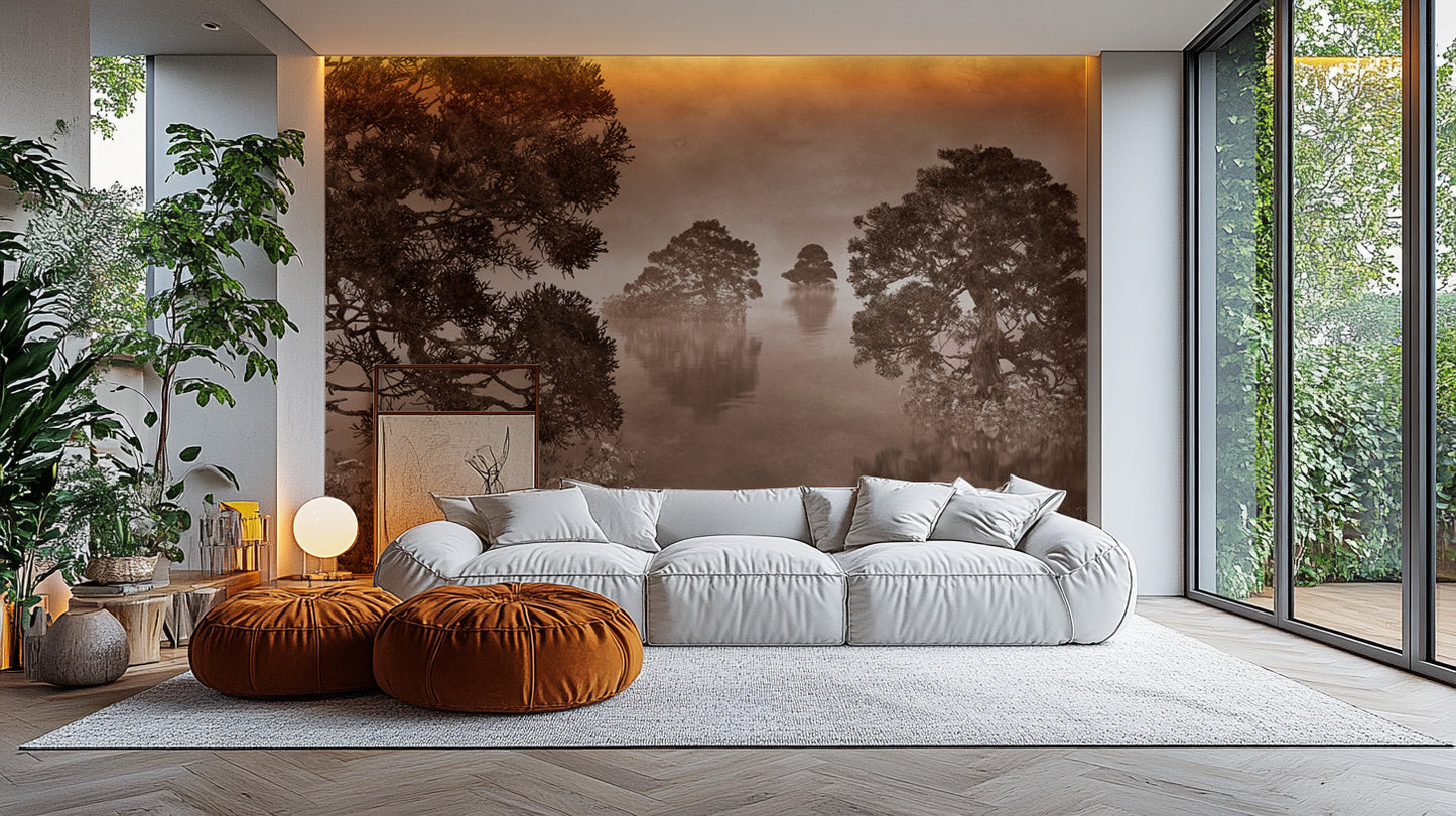 Watercolor Lake Monochrome Ink Sepia Wallpaper Murals