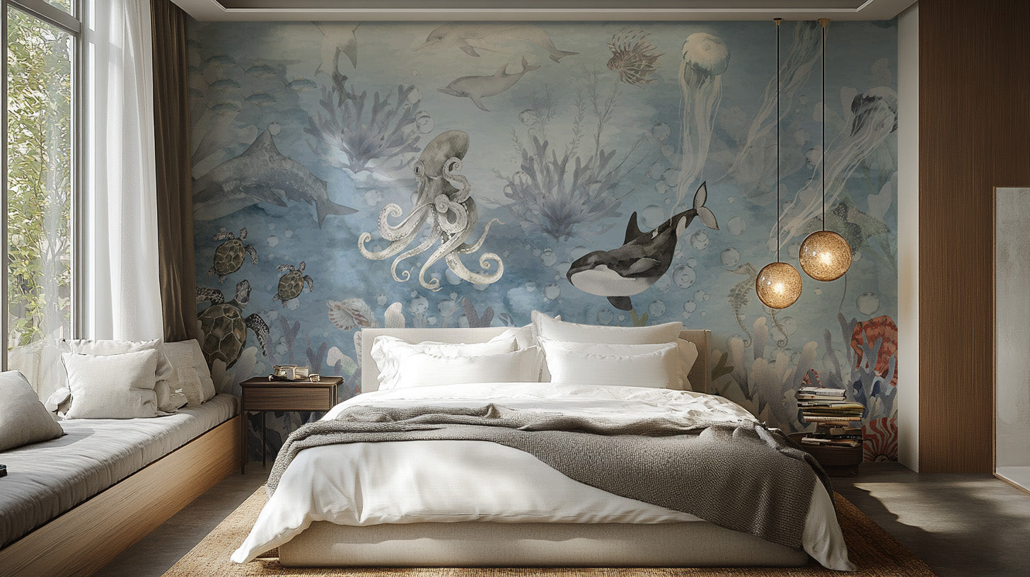 Vibrant underwater mural wallpaper for deep sea enthusiasts.
