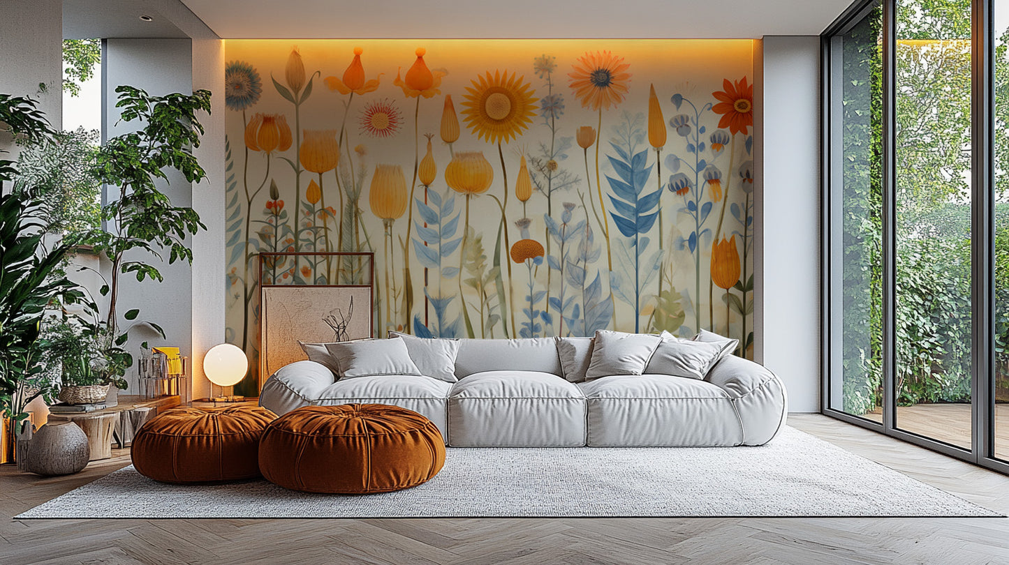 Brightly colored flowers mural wallpaper for a bold, dynamic decor.