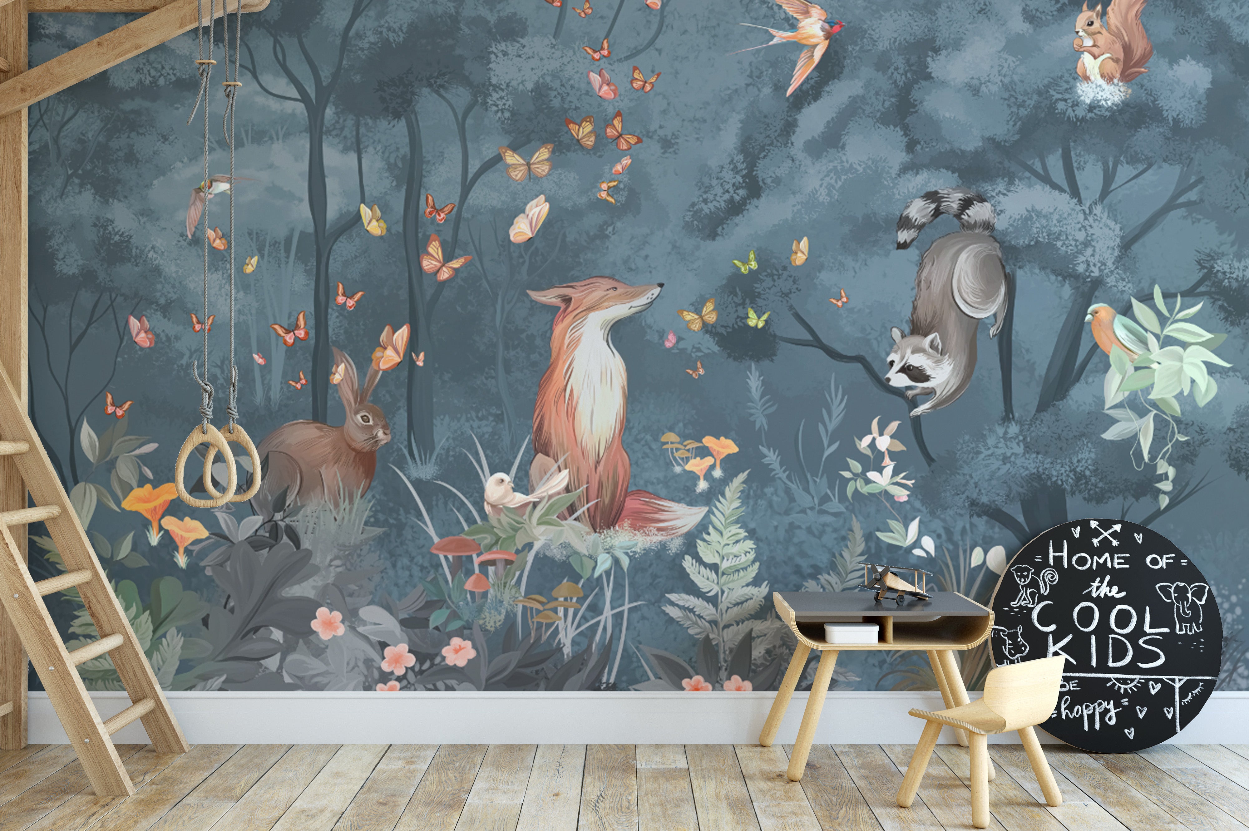 Woodland animals in a serene forest wallpaper design.
