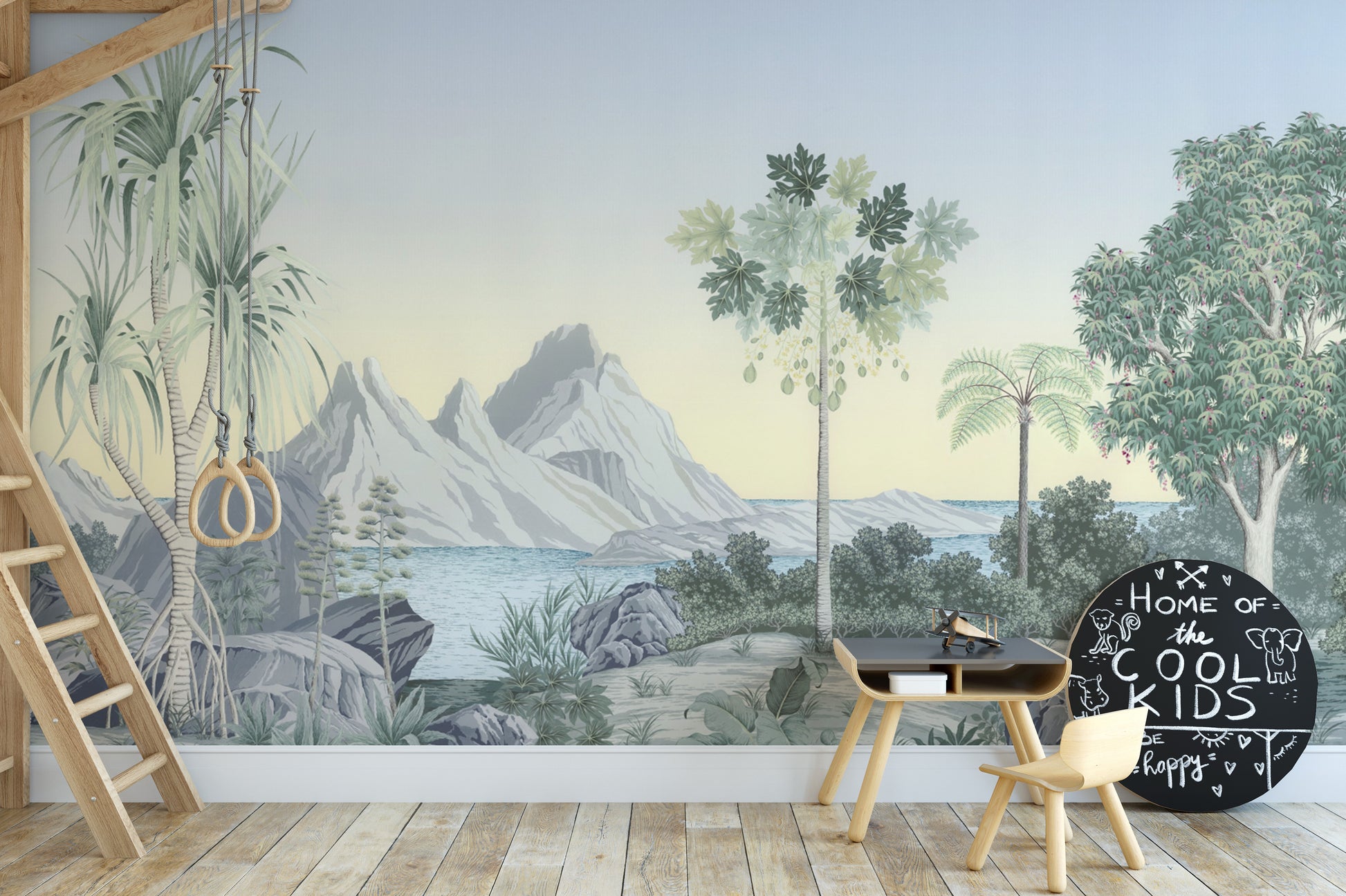 Vintage-style tropical paradise wall mural for home decor
