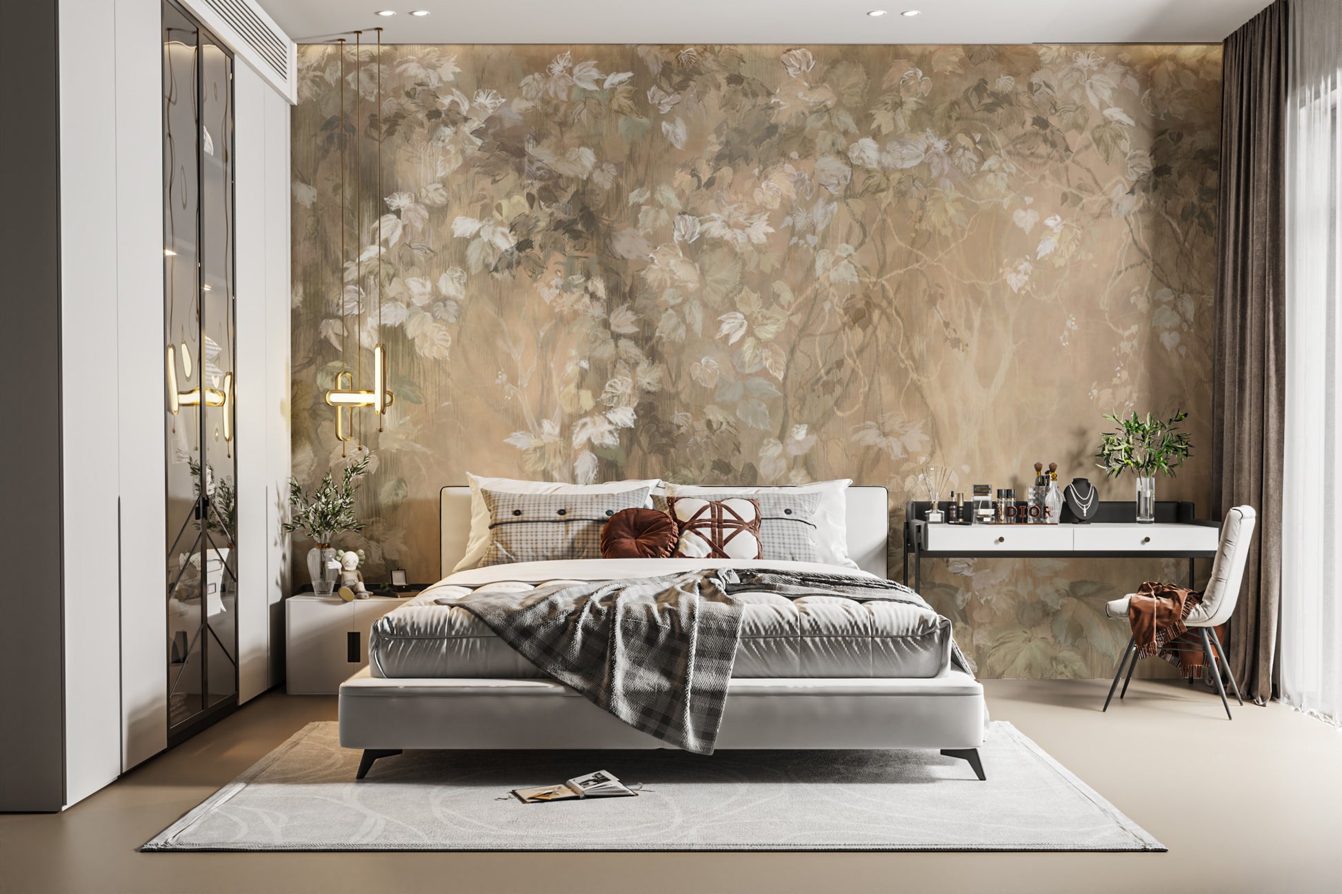 Stylish light brown wallpaper with mystic branch designs