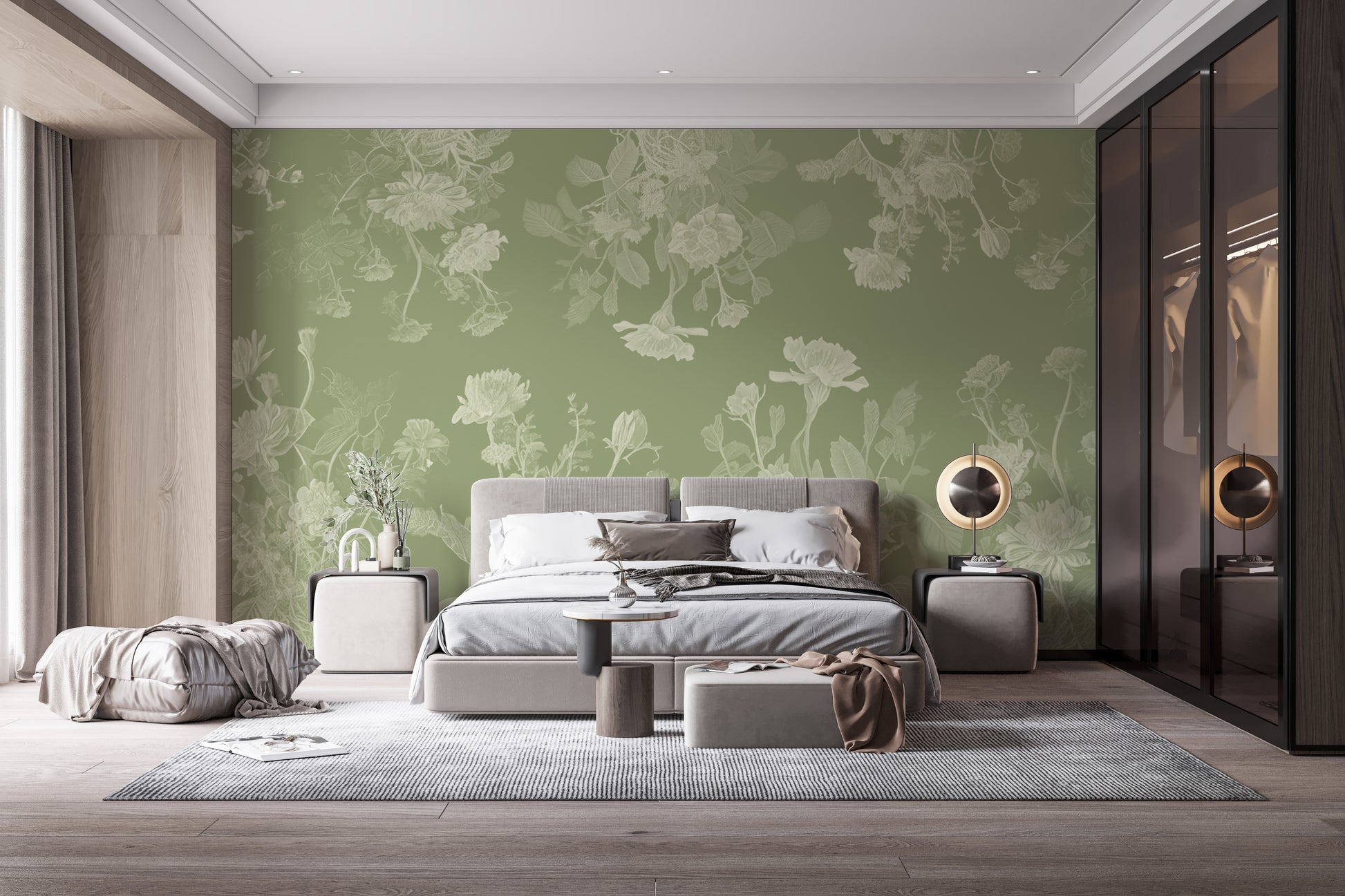 Elegant green floral mural wallpaper for a calming, natural ambiance.