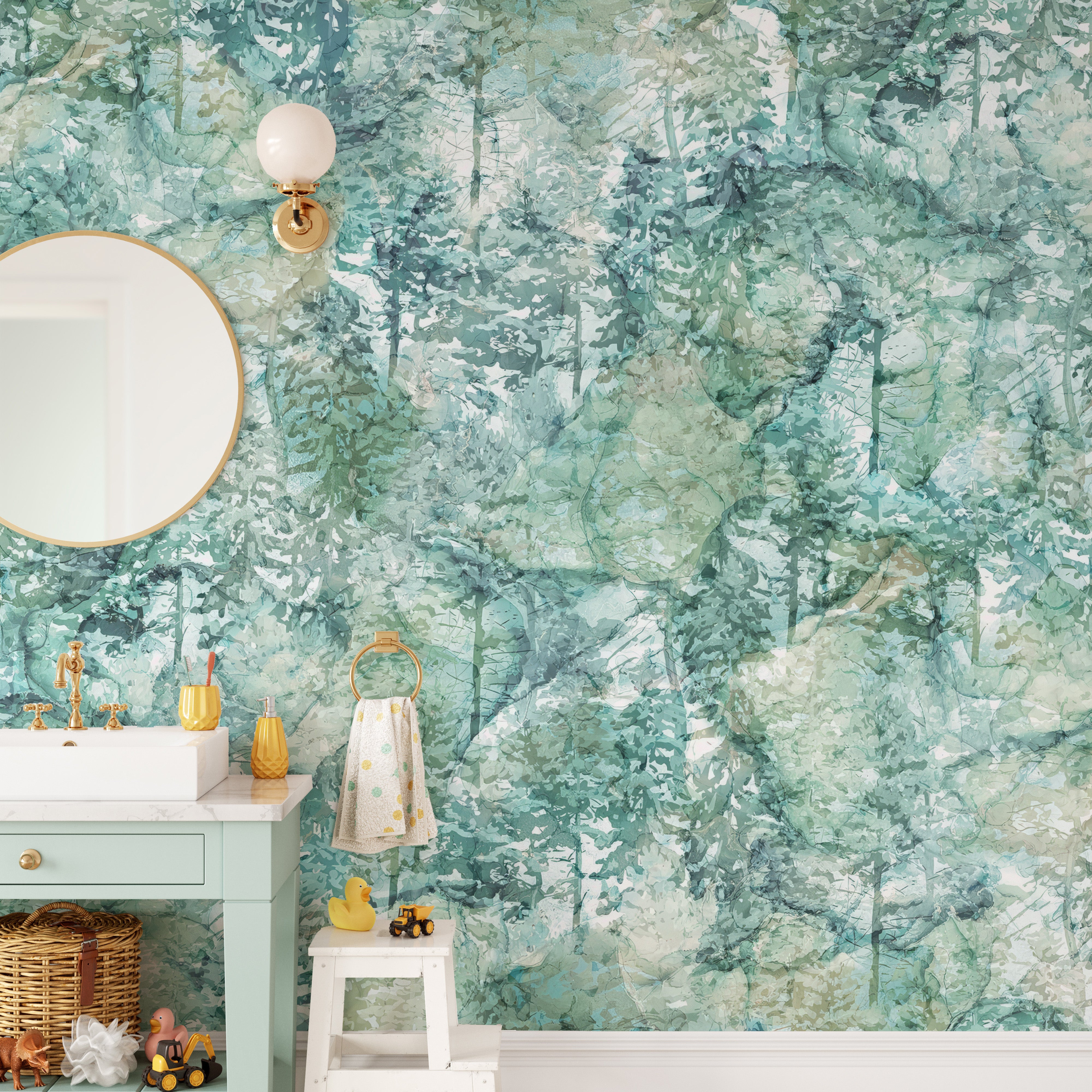 Lush tropical forest wallpaper mural with green vibes