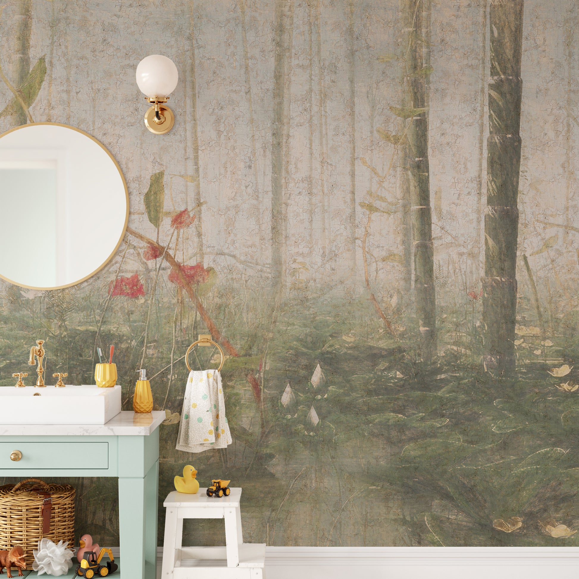 Deciduous forest in fog wall mural design
