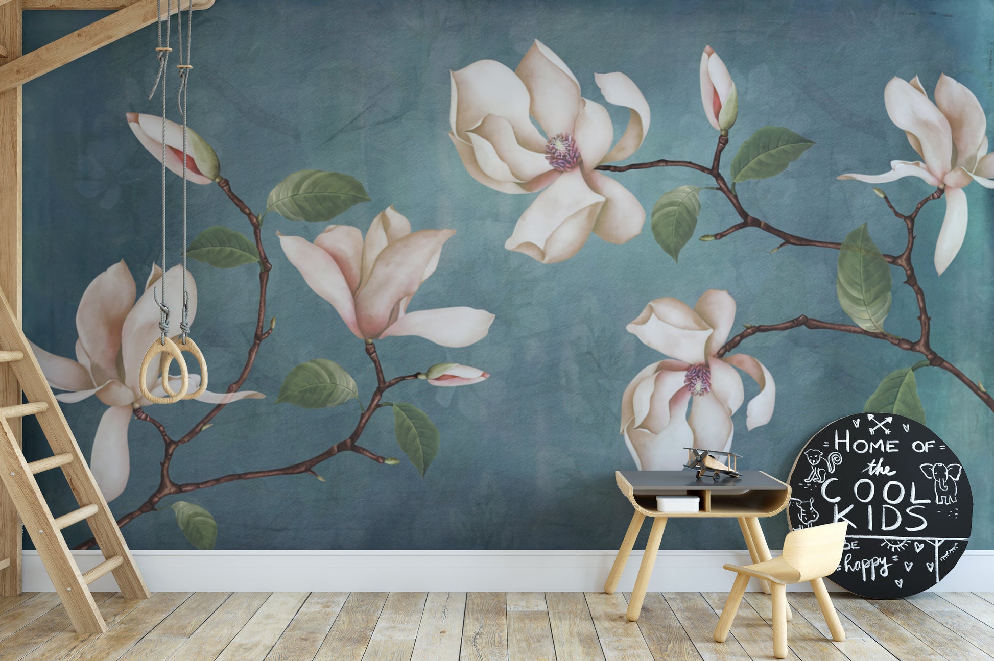 Teal magnolia blossom mural for elegant interiors
