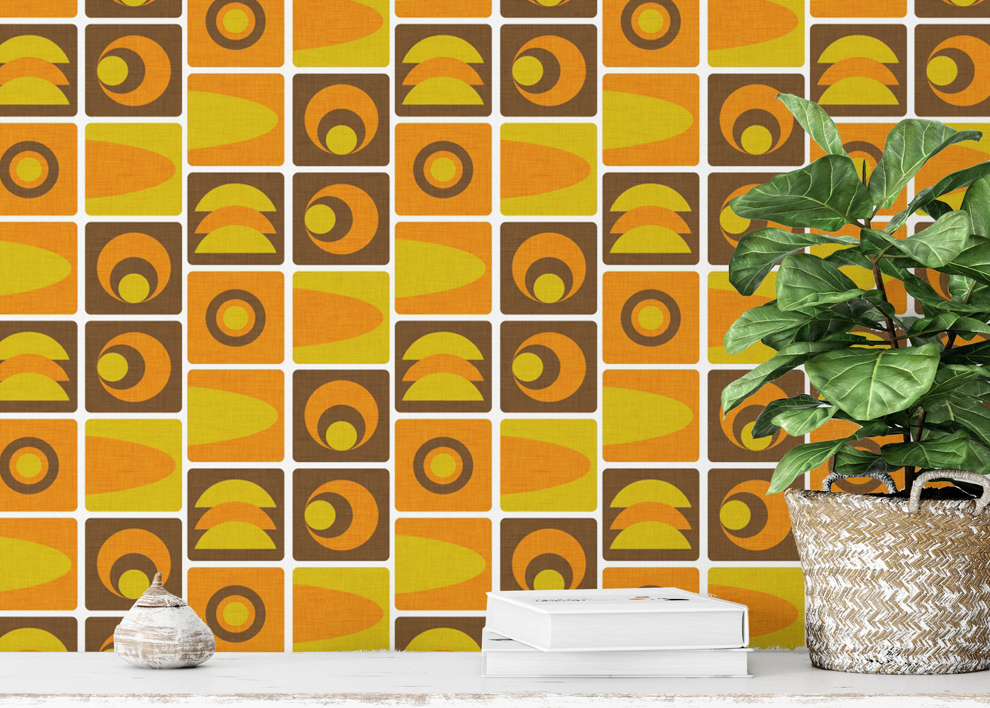 Classic 70s Cube Geo Brown Wallpaper for decor