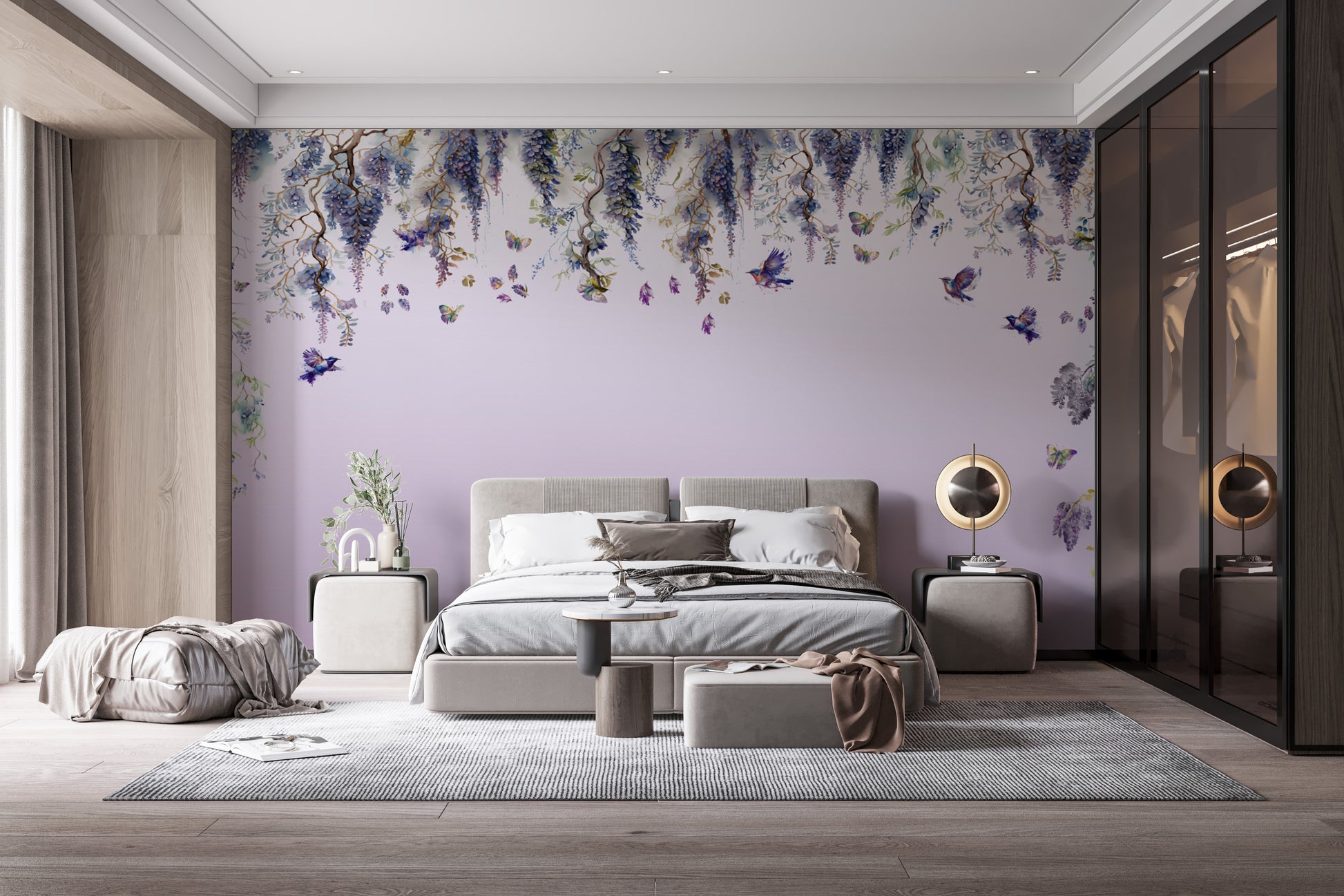 Add a touch of romance with wisteria purple wallpaper mural design.