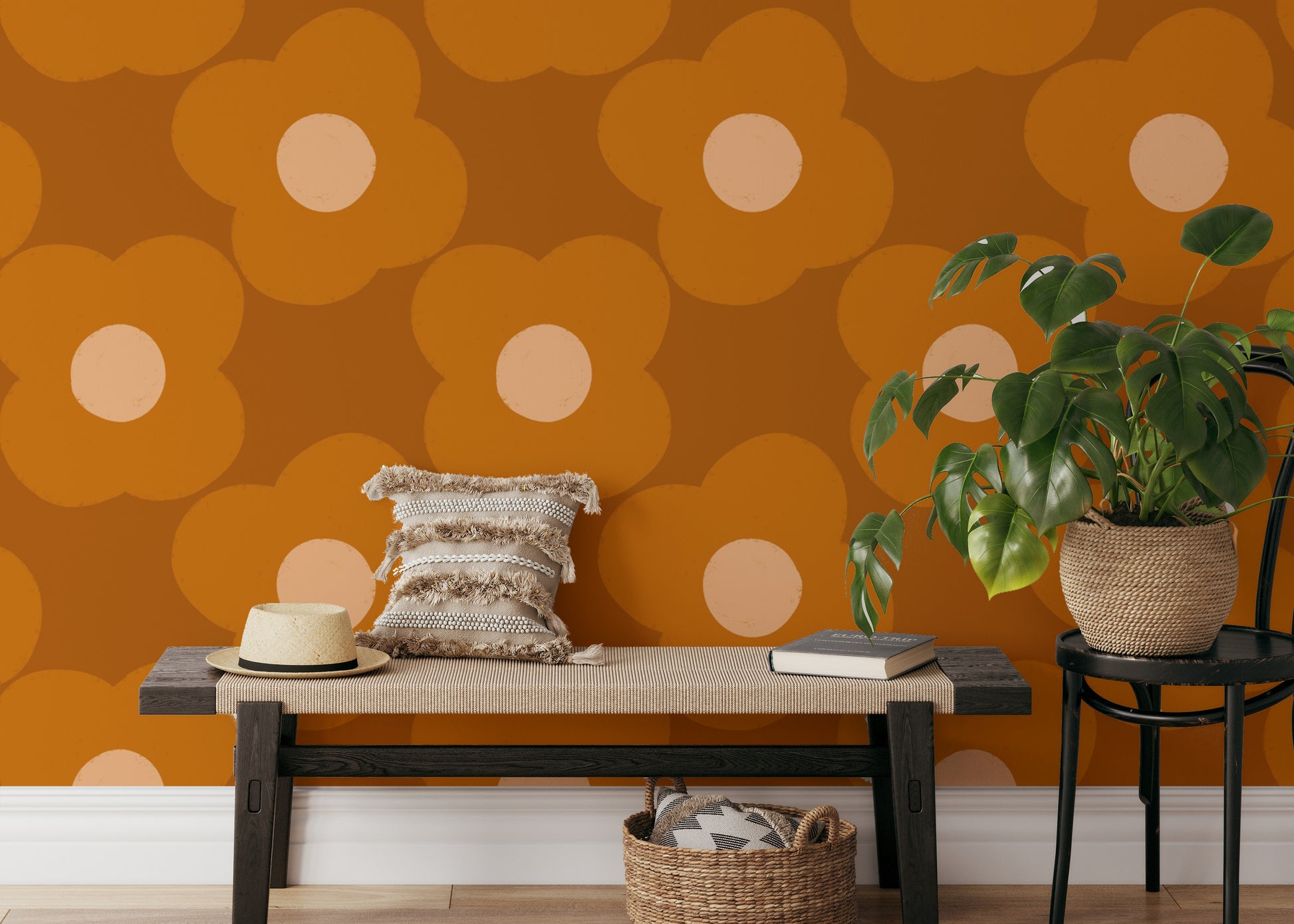 Orange and rust floral wallpaper for retro spaces
