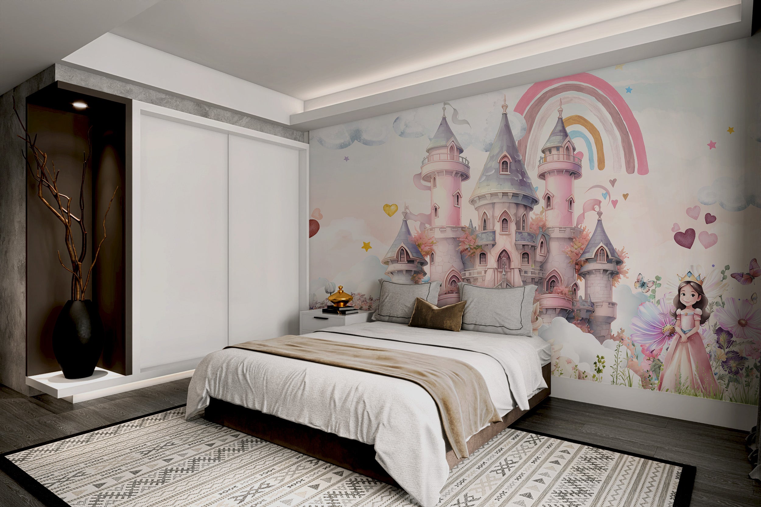 Dreamy wallpaper with a pink castle, rainbow, and fairy tale characters