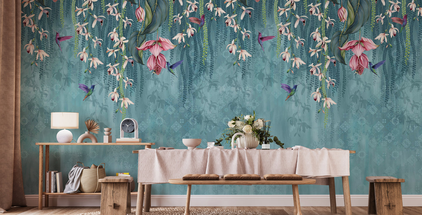 Pink Flower Wallpaper with Turquoise
