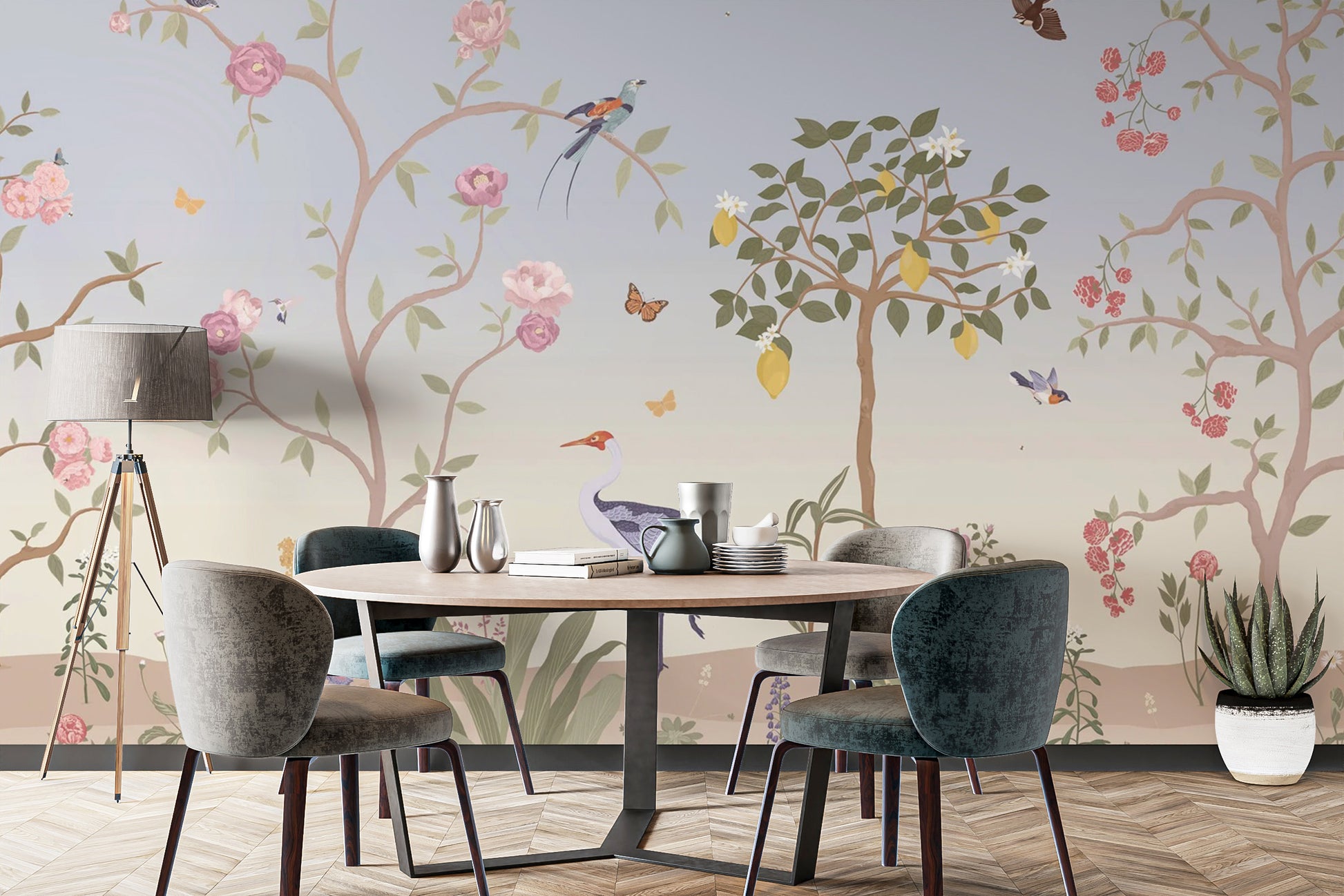 Birds and blossoms chinoiserie wallpaper
