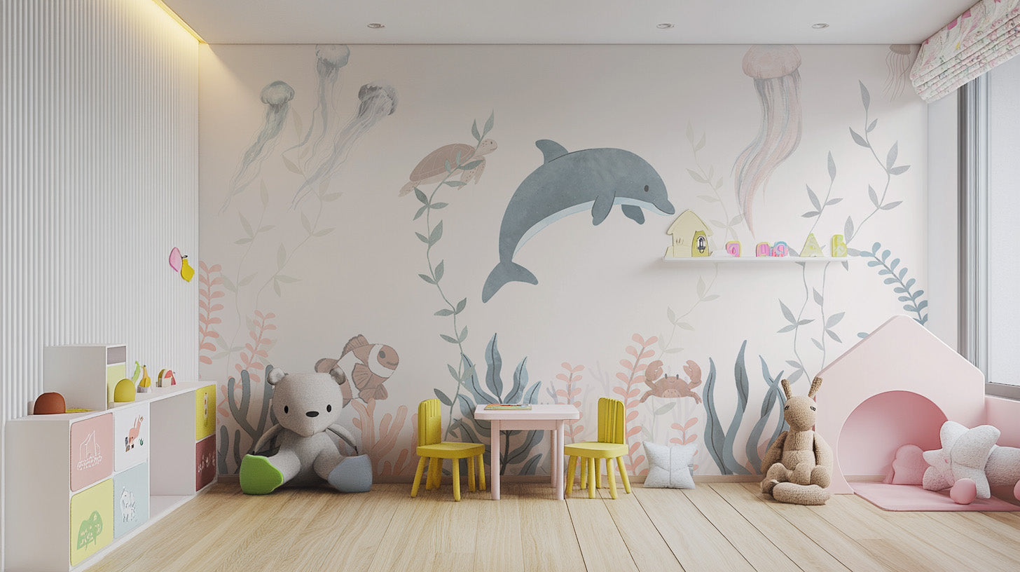 Colorful underwater wonders wallpaper mural with sea creatures