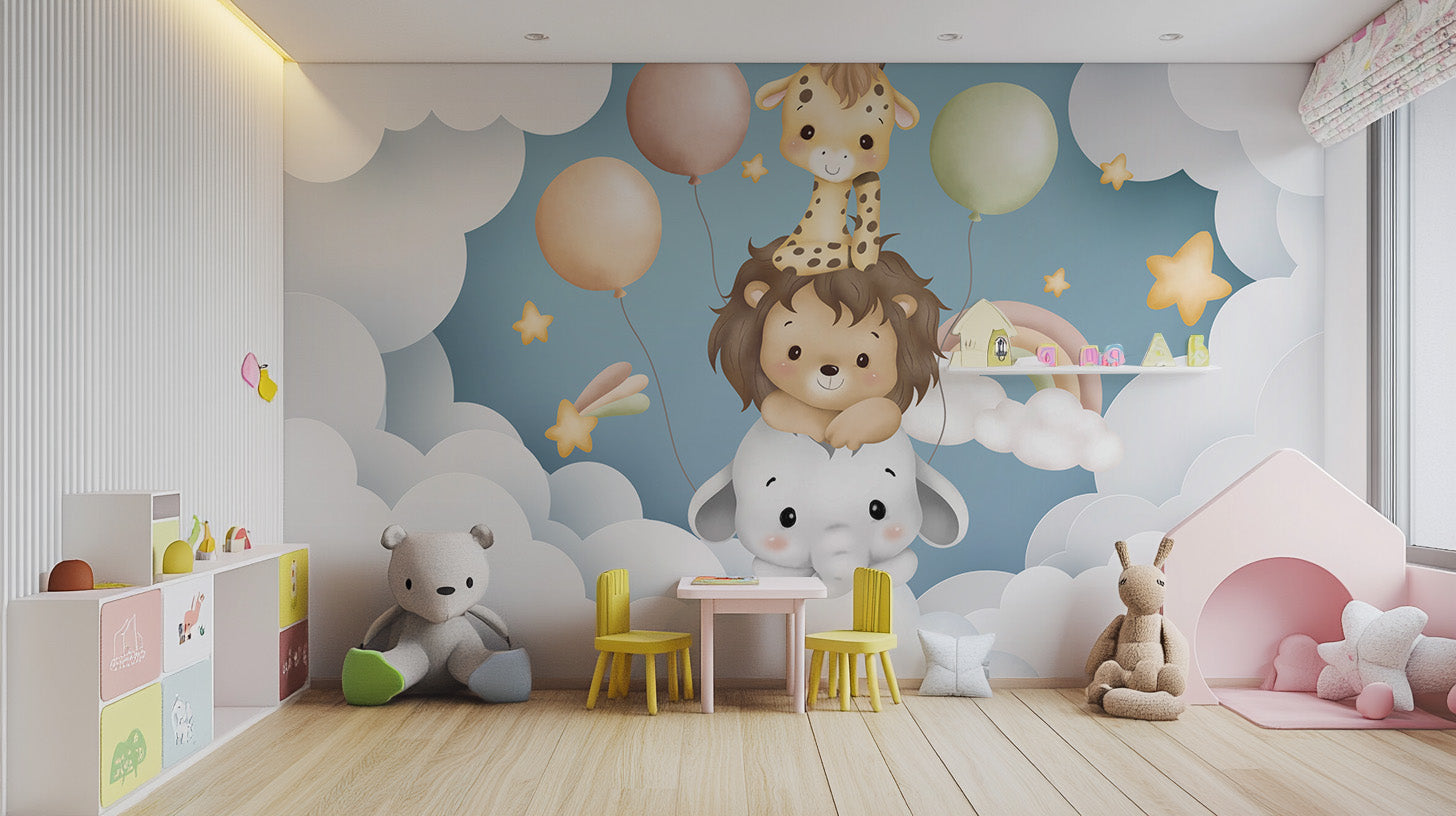 Bright and fun baby animal balloon fiesta mural for nurseries