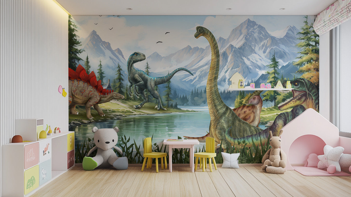 Lush Jurassic Valley mural wallpaper with roaring dinosaurs.
