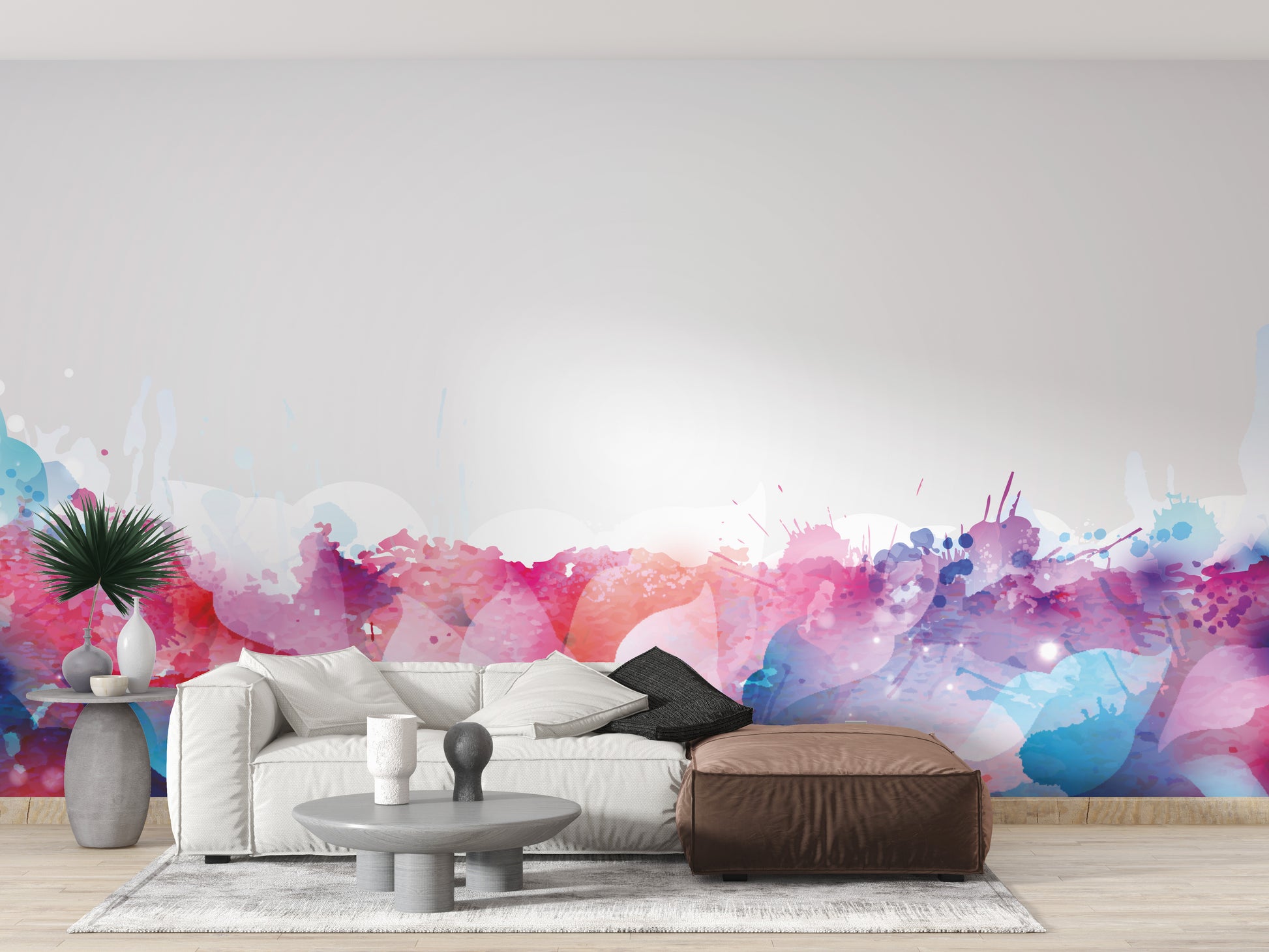 Vibrant abstract leaves wallpaper mural in watercolor design.
