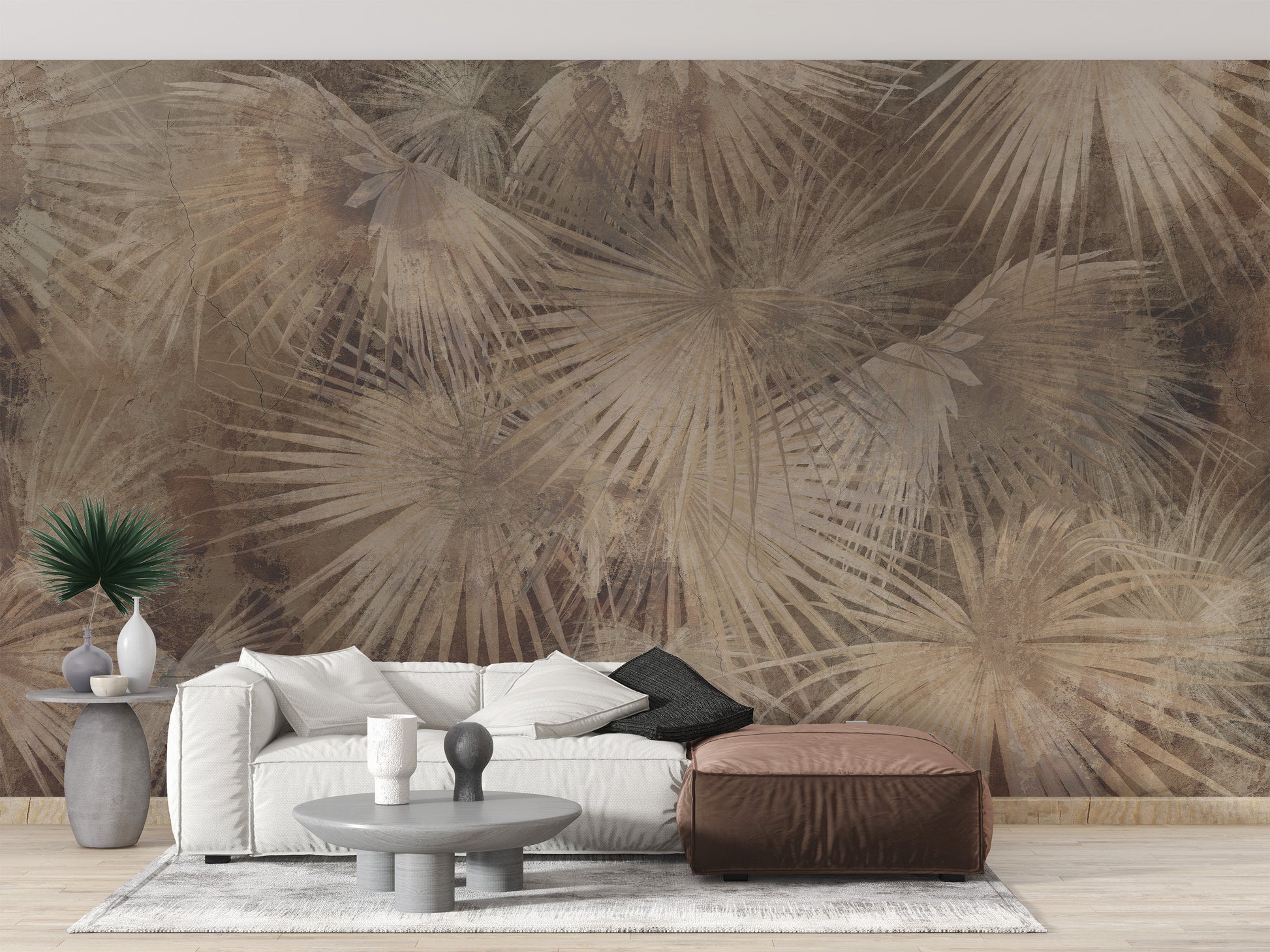 Lush palm leaves mural in natural shades