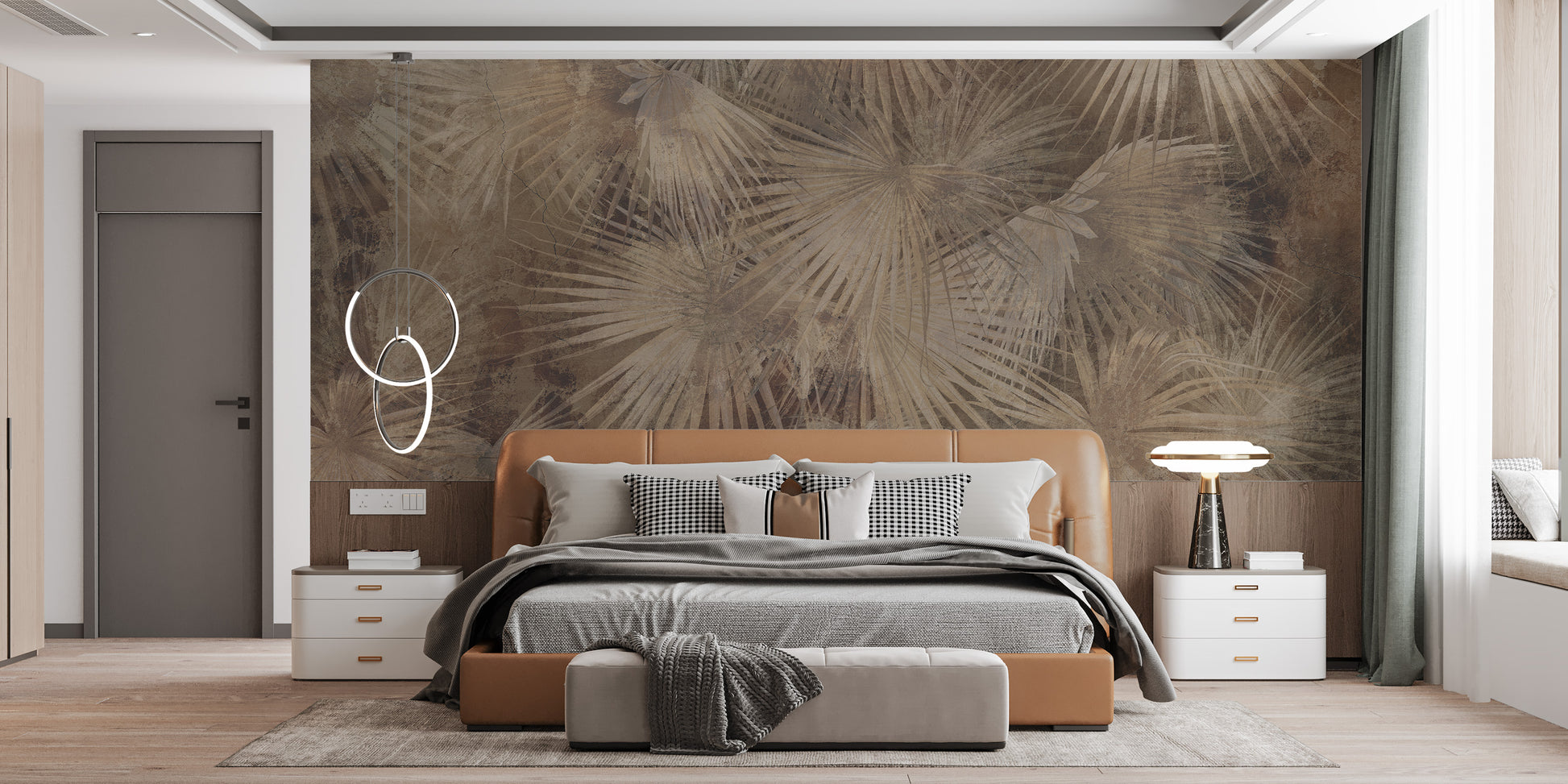 Subtle tropical mural with leaf patterns