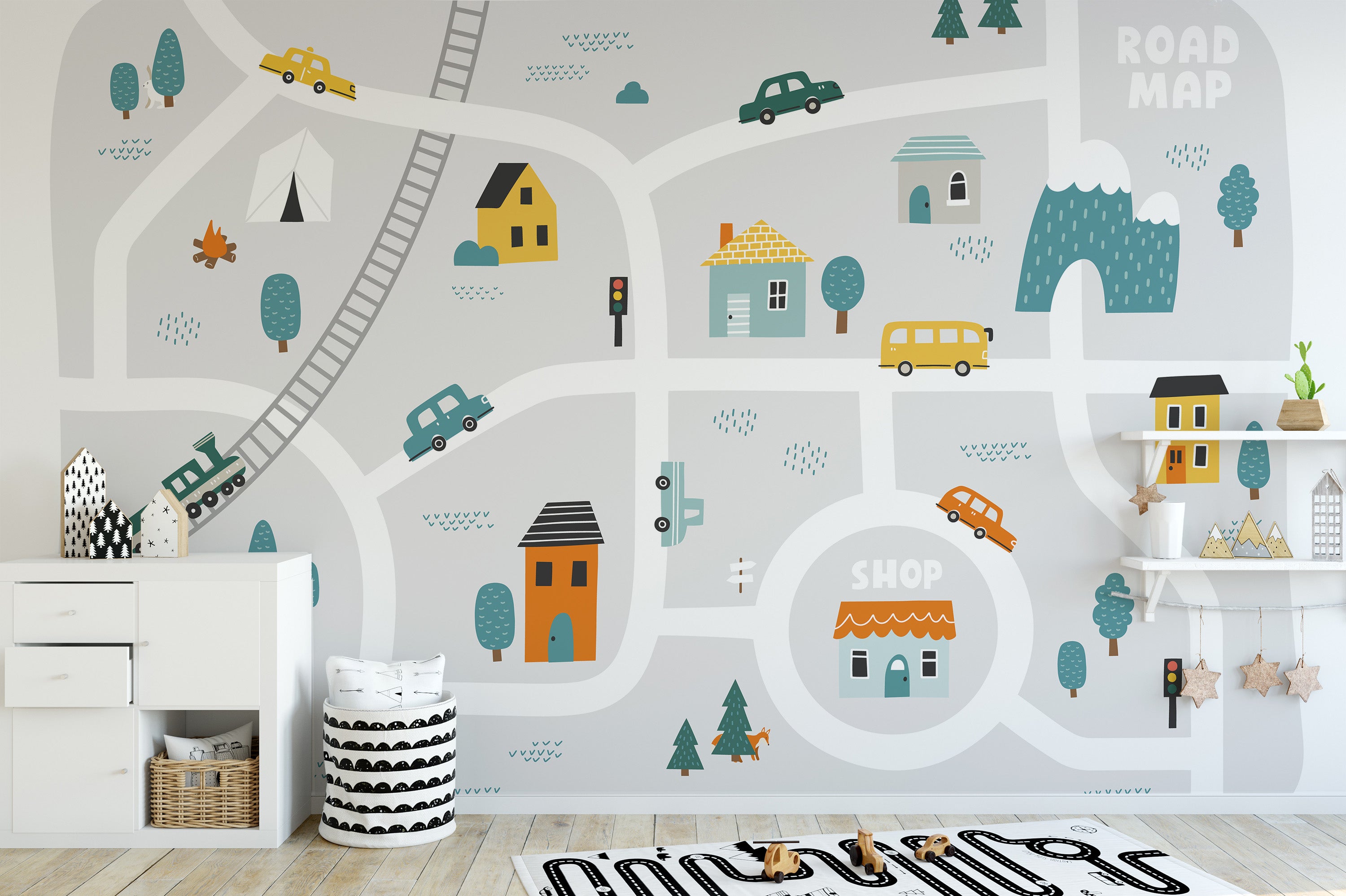 Vibrant town map mural wallpaper for educational decor.