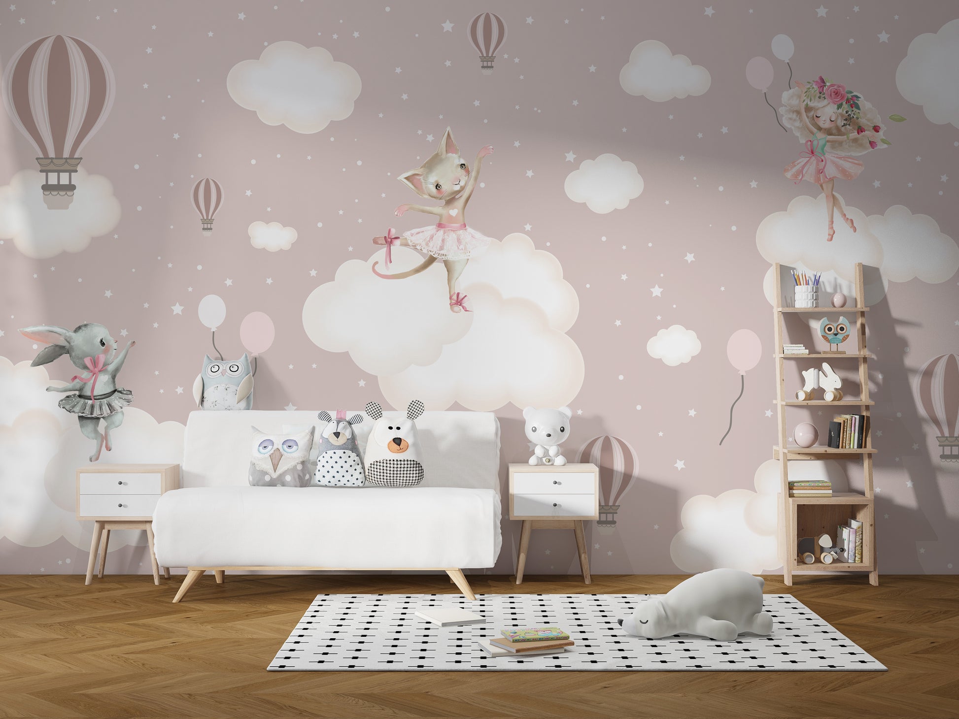 Soft pastel enchanted clouds with cute animals