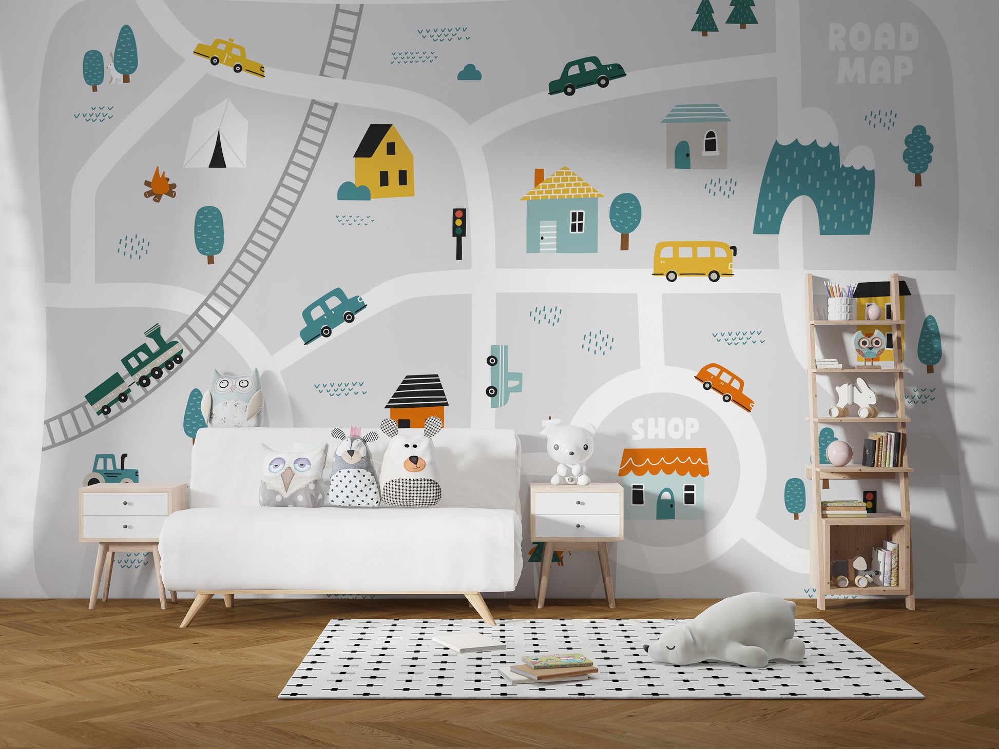 Colorful town map wallpaper mural for children's spaces.