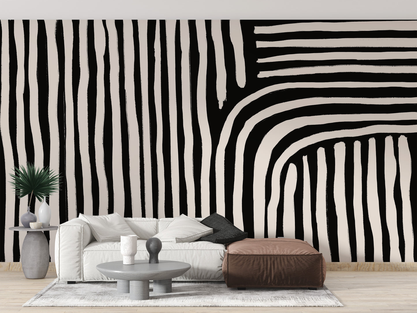 black and white striped wallpaper mural